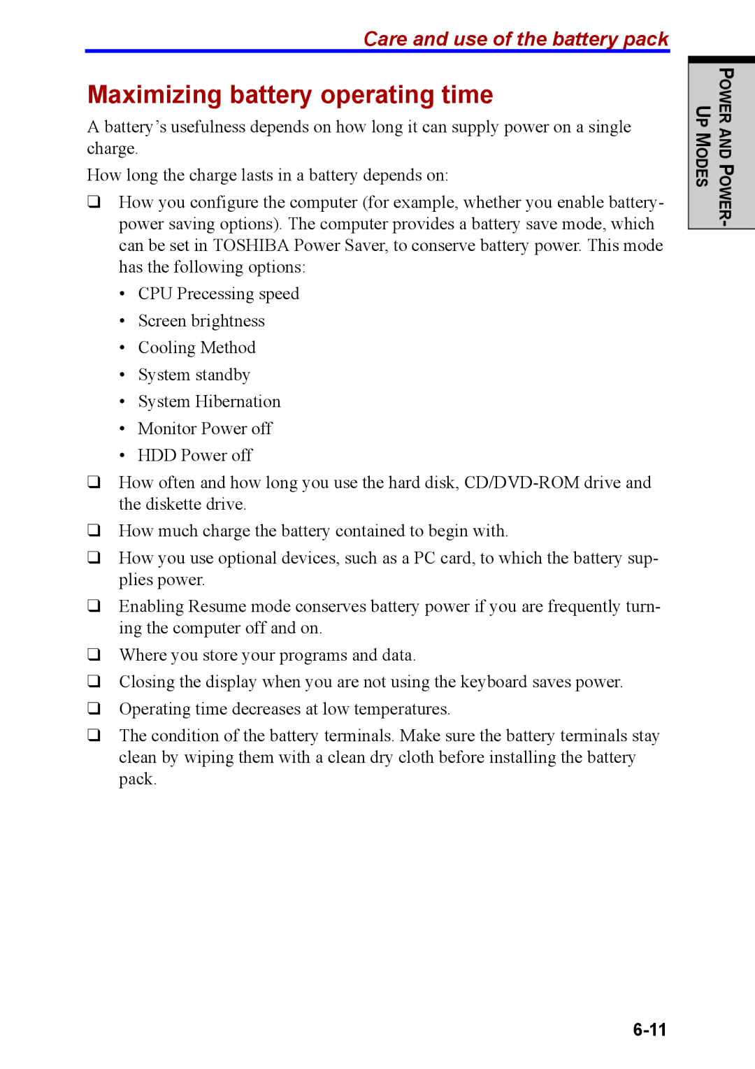 Toshiba M40 user manual Maximizing battery operating time 