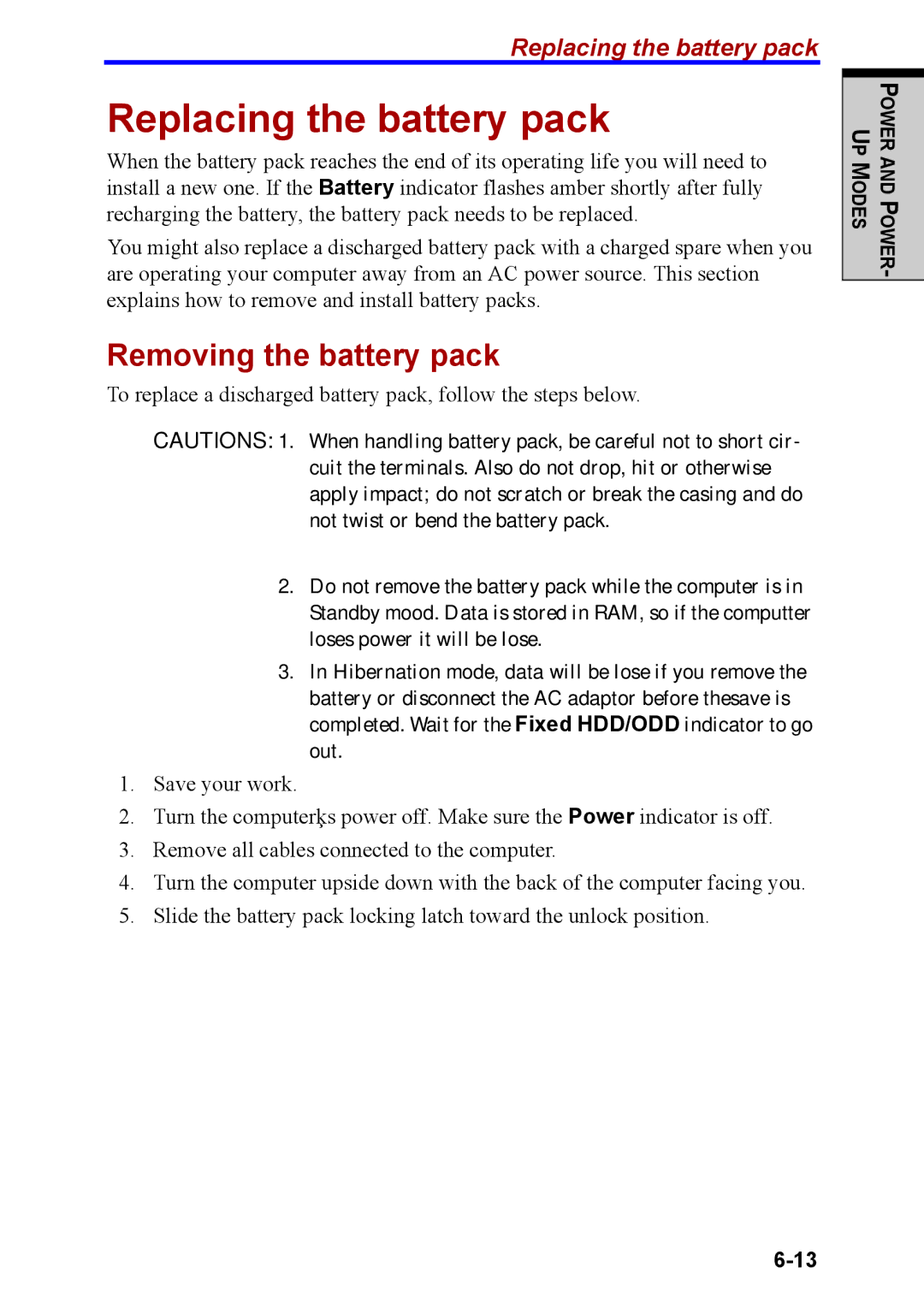 Toshiba M40 user manual Replacing the battery pack, Removing the battery pack 