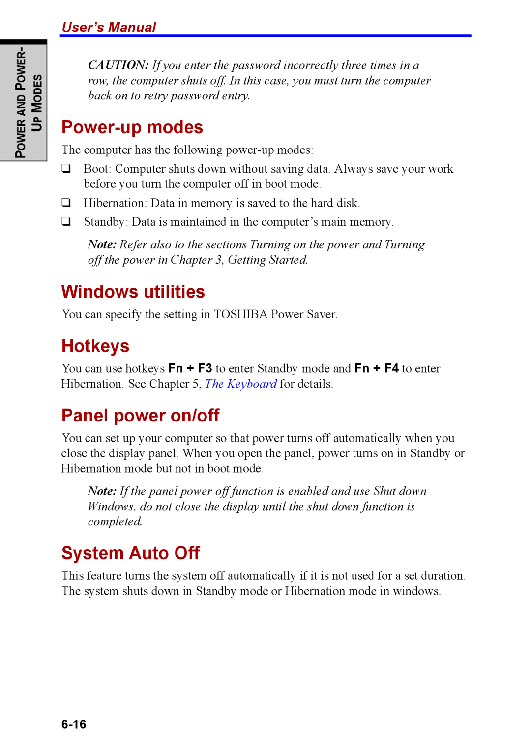 Toshiba M40 user manual Power-up modes, Windows utilities, Panel power on/off, System Auto Off 