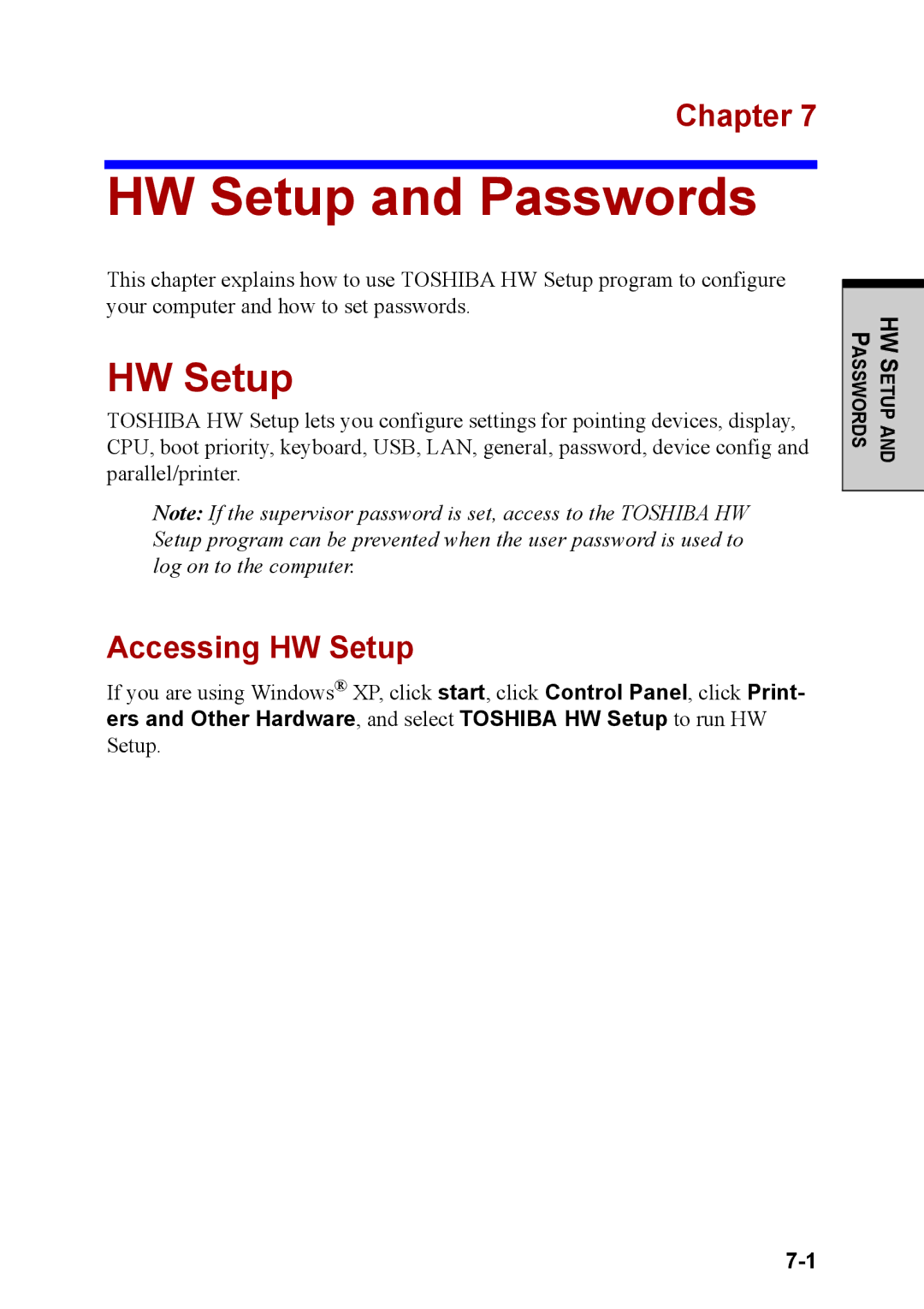 Toshiba M40 user manual HW Setup and Passwords, Accessing HW Setup 