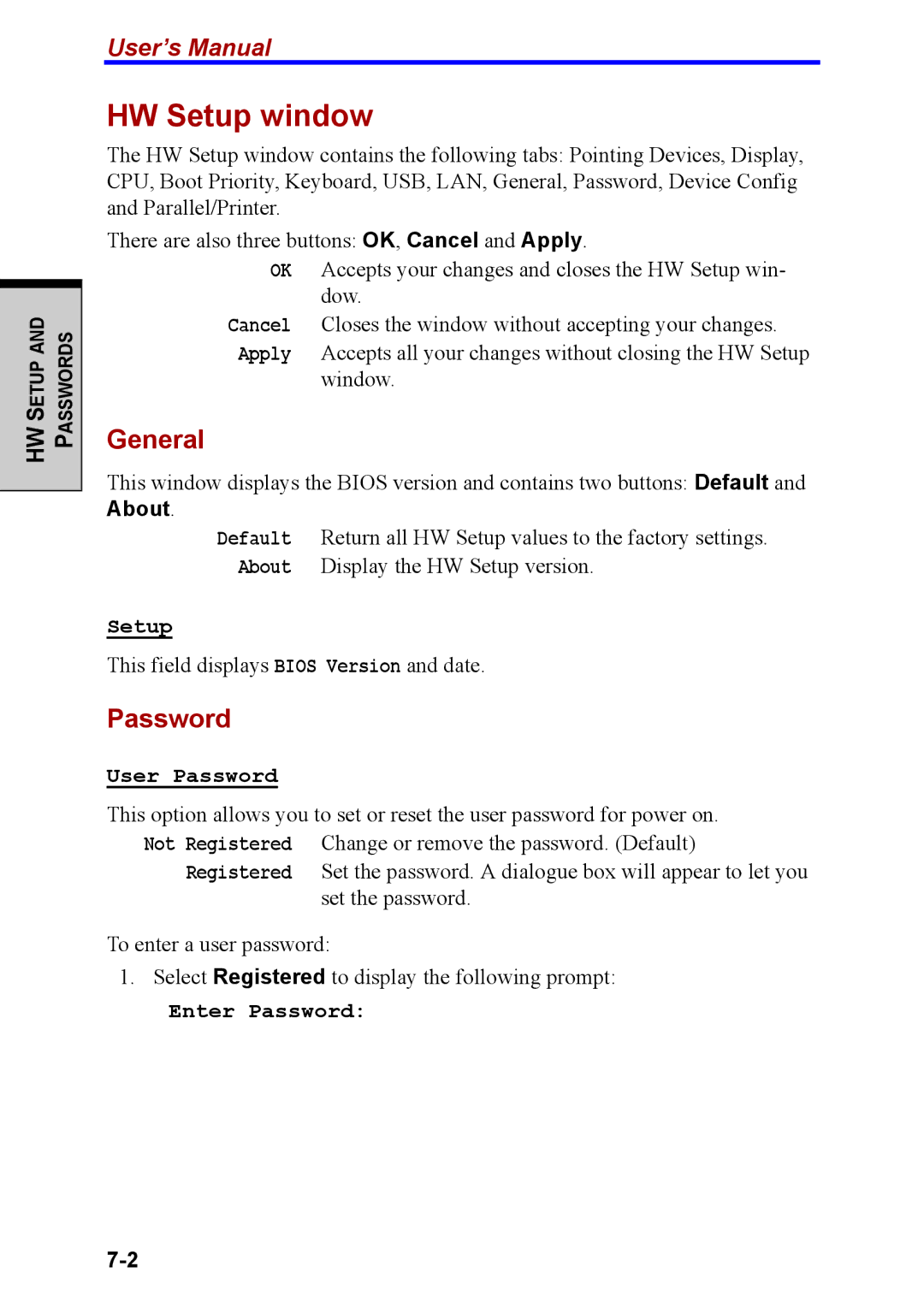 Toshiba M40 user manual HW Setup window, General, Password 