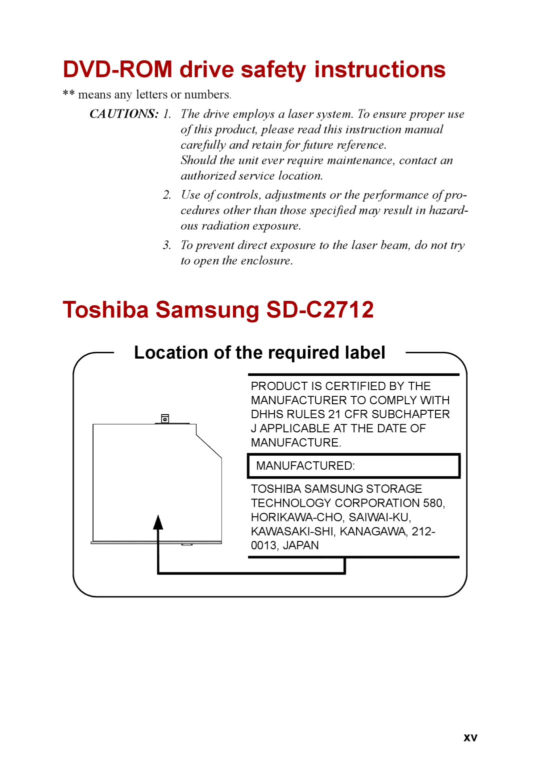 Toshiba M40 user manual DVD-ROM drive safety instructions, Toshiba Samsung SD-C2712 