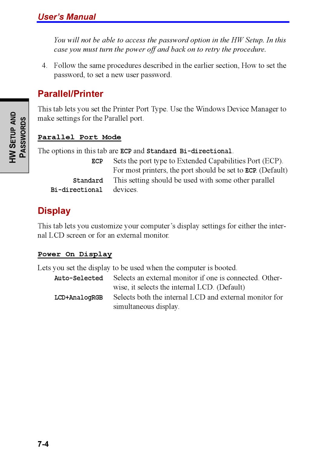 Toshiba M40 user manual Parallel/Printer, Parallel Port Mode 