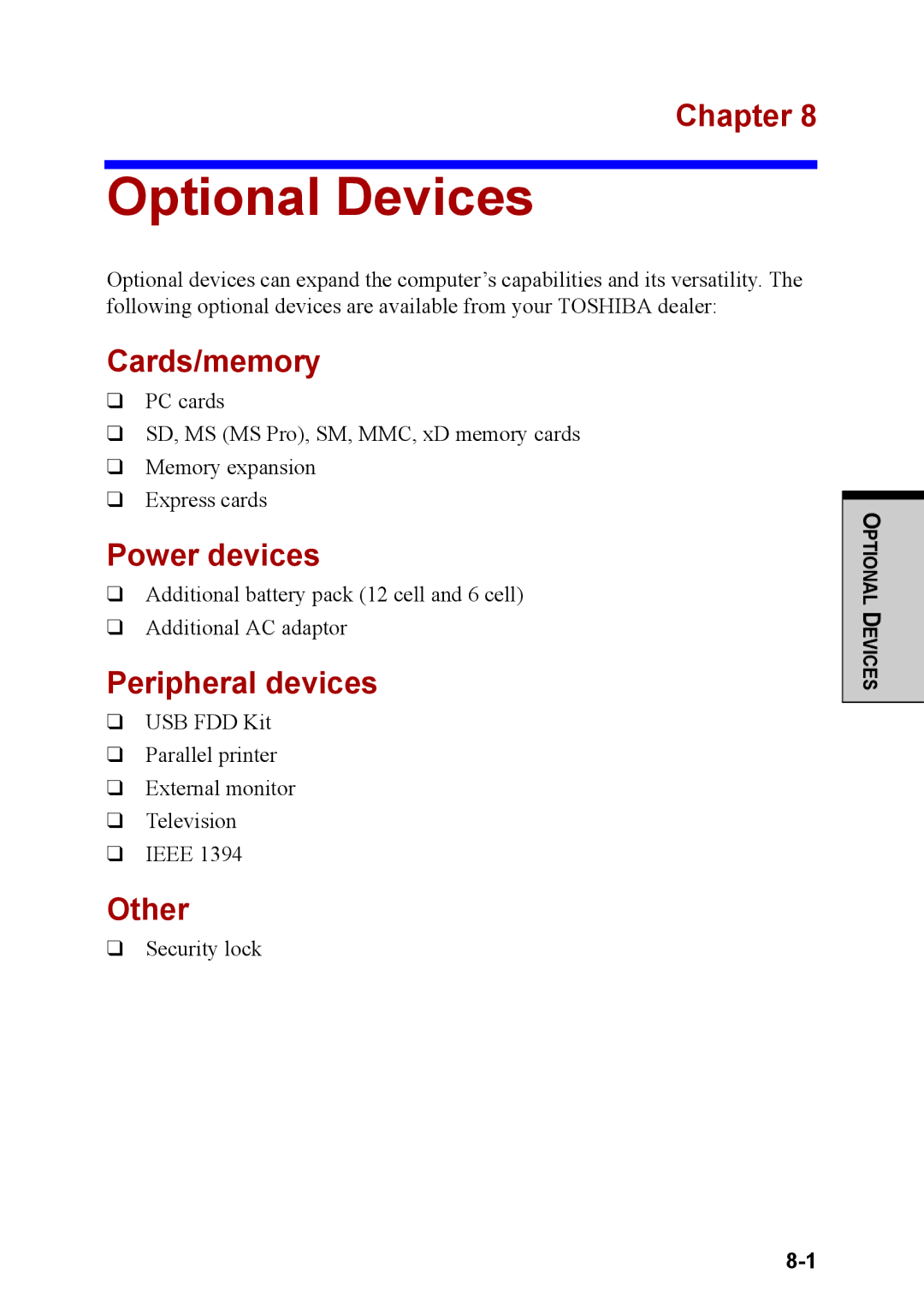 Toshiba M40 user manual Optional Devices, Cards/memory, Power devices, Peripheral devices, Other 