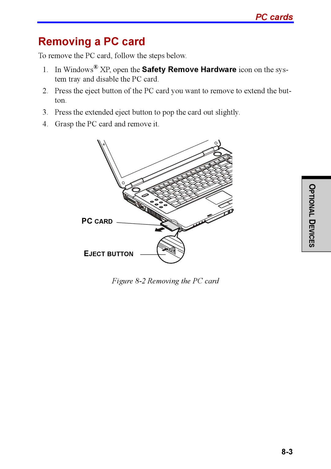 Toshiba M40 user manual Removing a PC card, PC cards 