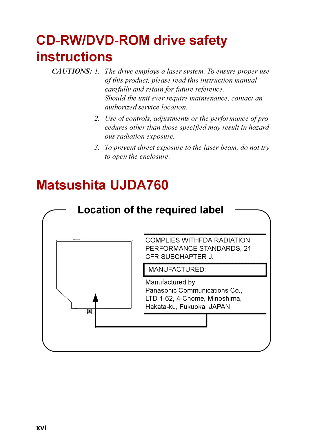 Toshiba M40 user manual CD-RW/DVD-ROM drive safety instructions, Matsushita UJDA760, Xvi 