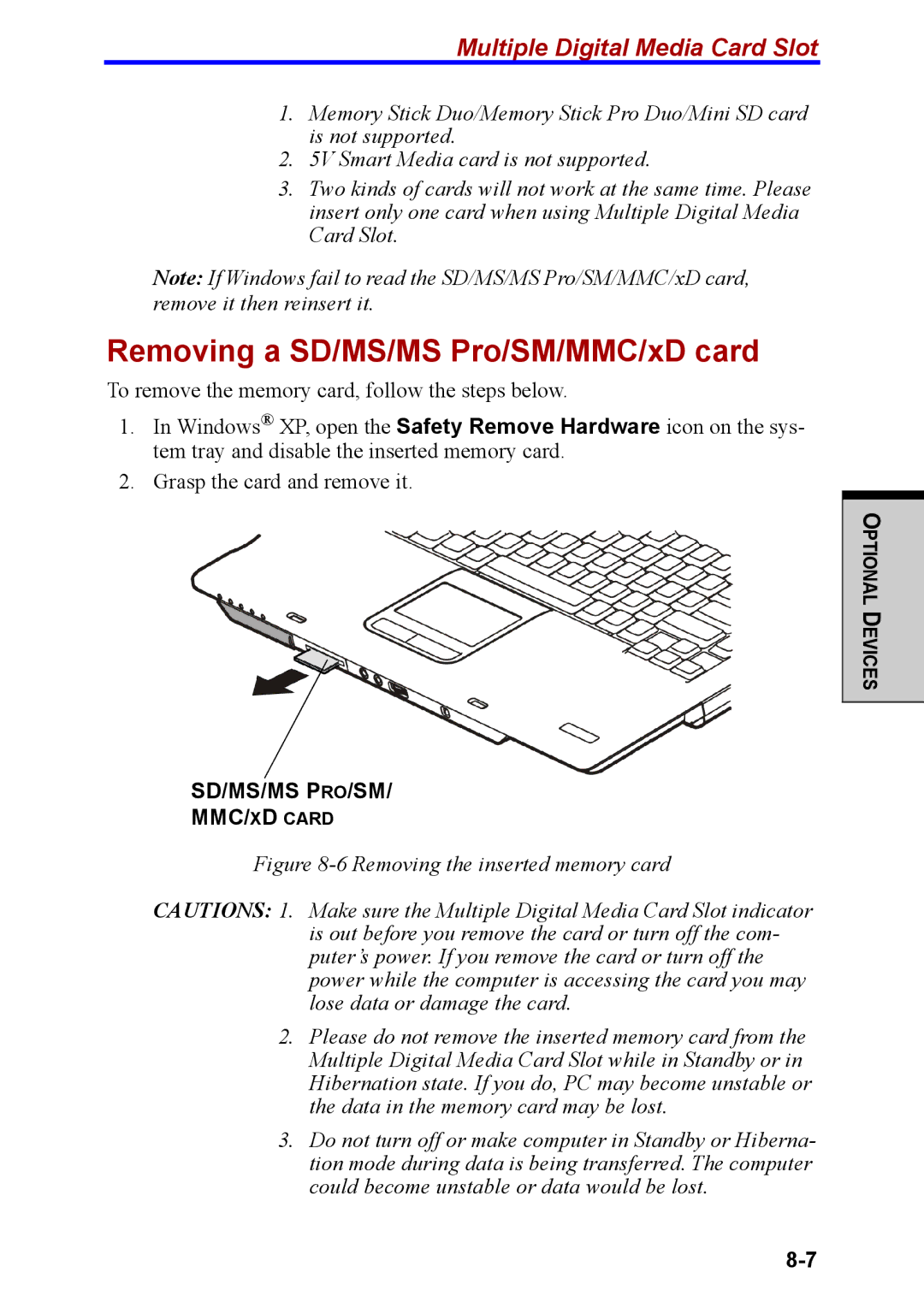 Toshiba M40 user manual Removing a SD/MS/MS Pro/SM/MMC/xD card, Multiple Digital Media Card Slot 