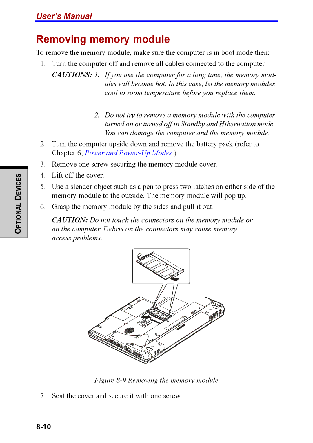 Toshiba M40 user manual Removing memory module, Removing the memory module 