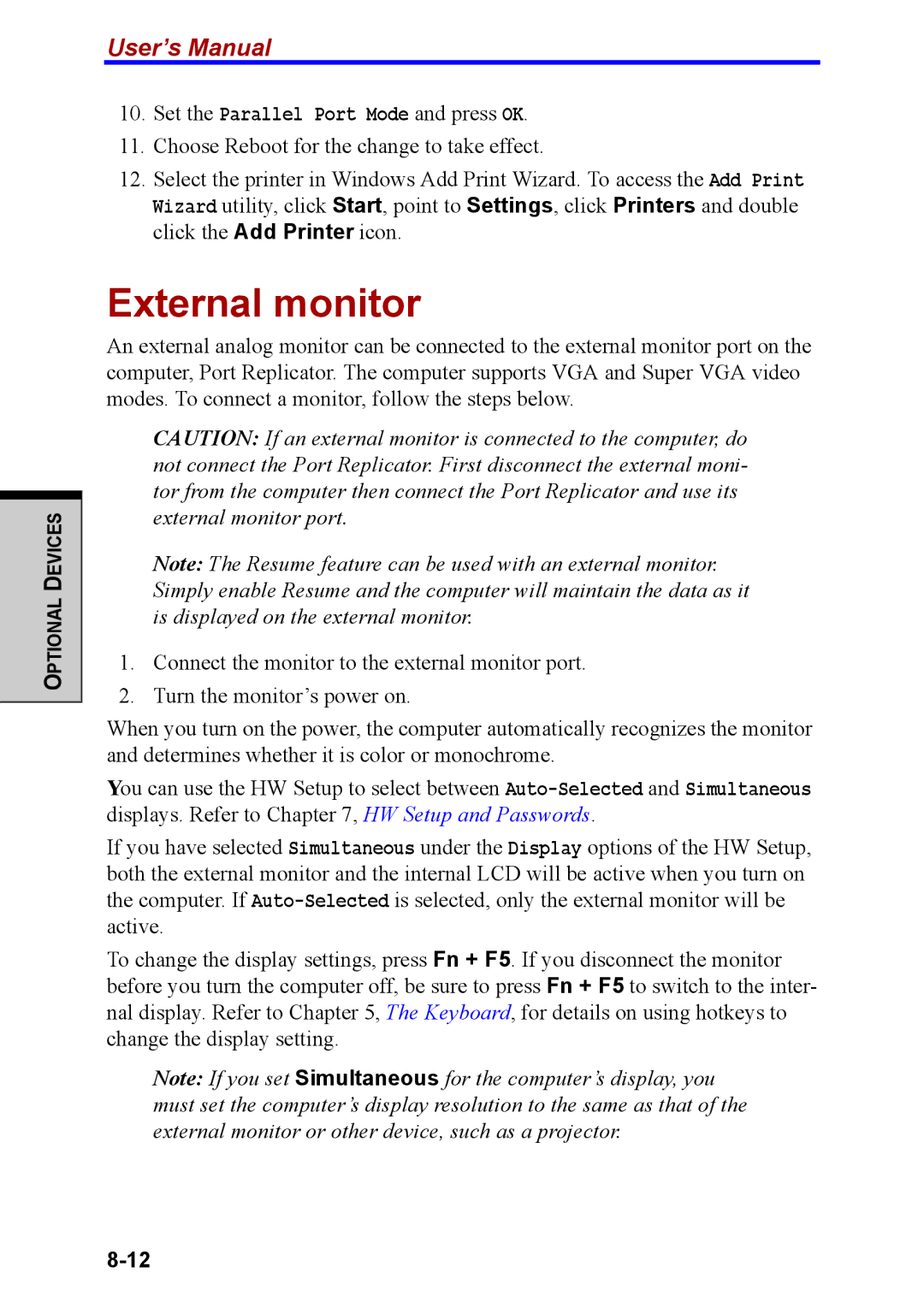 Toshiba M40 user manual External monitor, Set the Parallel Port Mode and press OK 