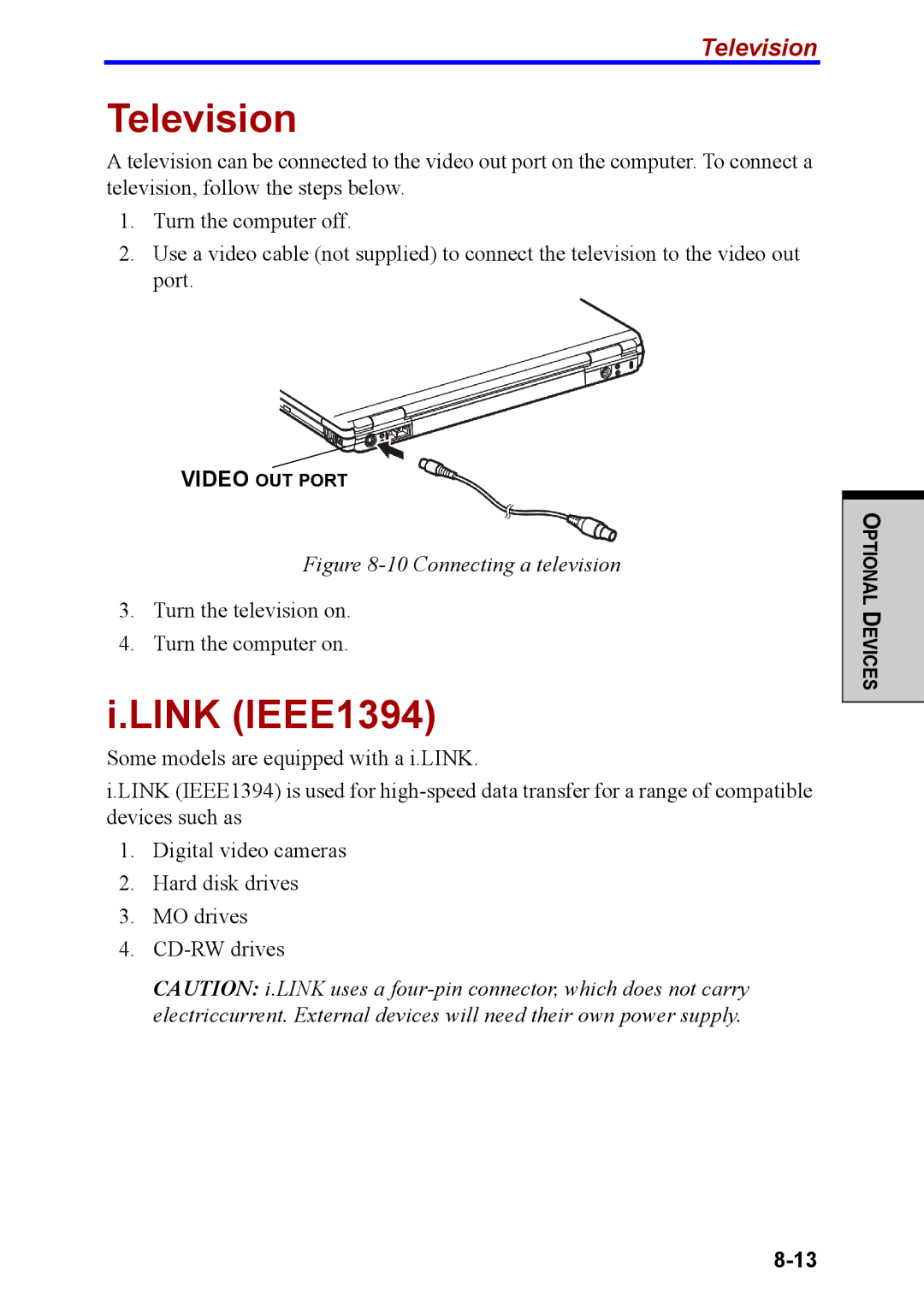 Toshiba M40 user manual Television, Link IEEE1394 