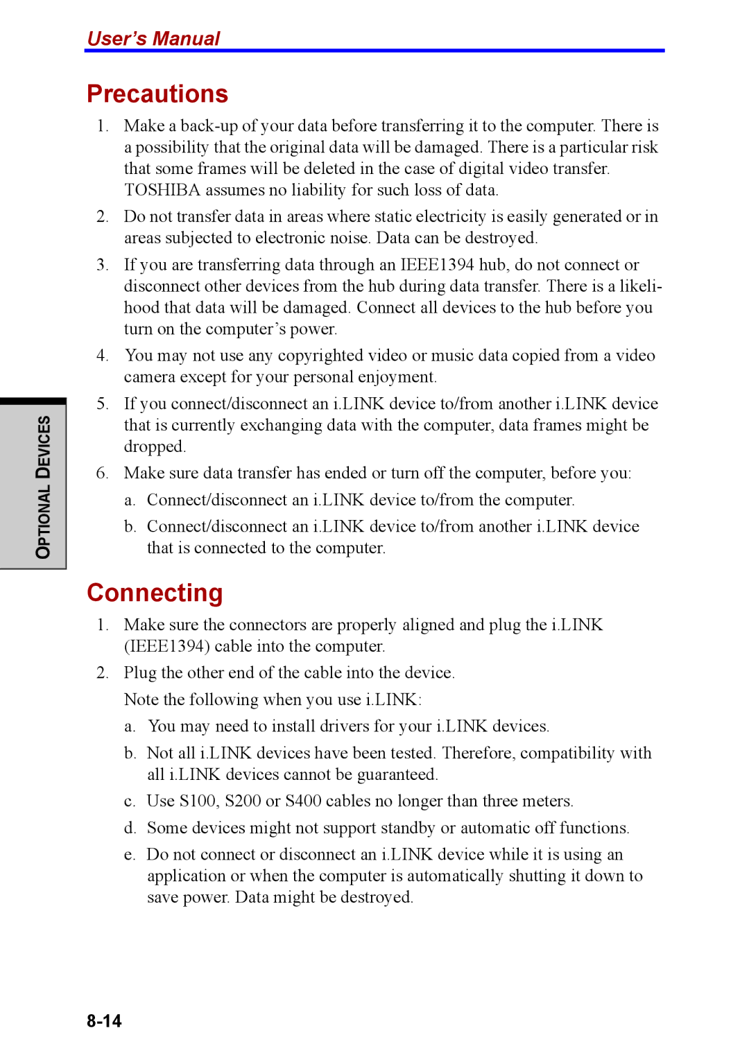 Toshiba M40 user manual Precautions, Connecting 