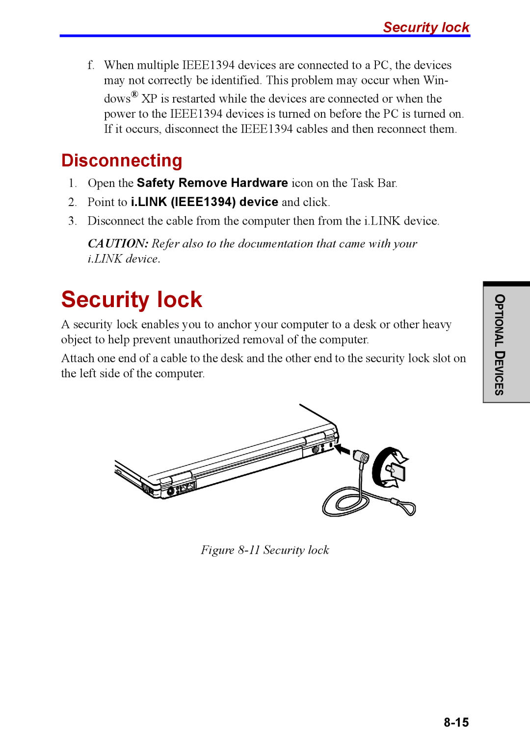 Toshiba M40 user manual Security lock, Point to i.LINK IEEE1394 device and click 