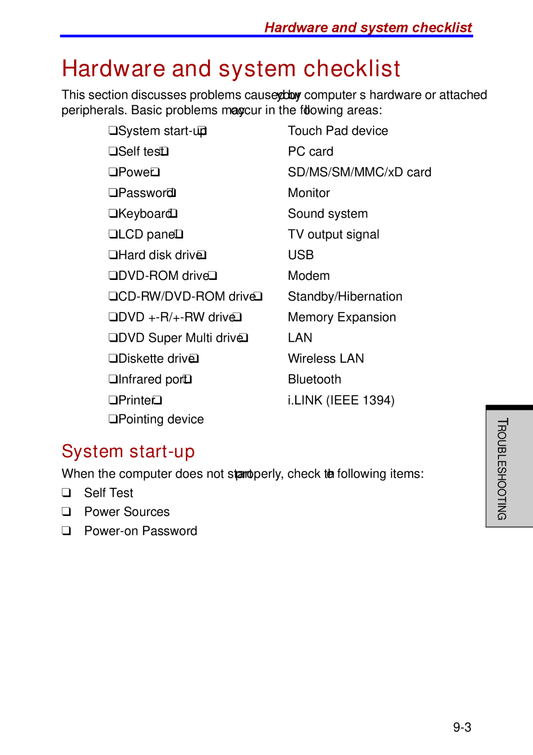 Toshiba M40 user manual Hardware and system checklist, System start-up 