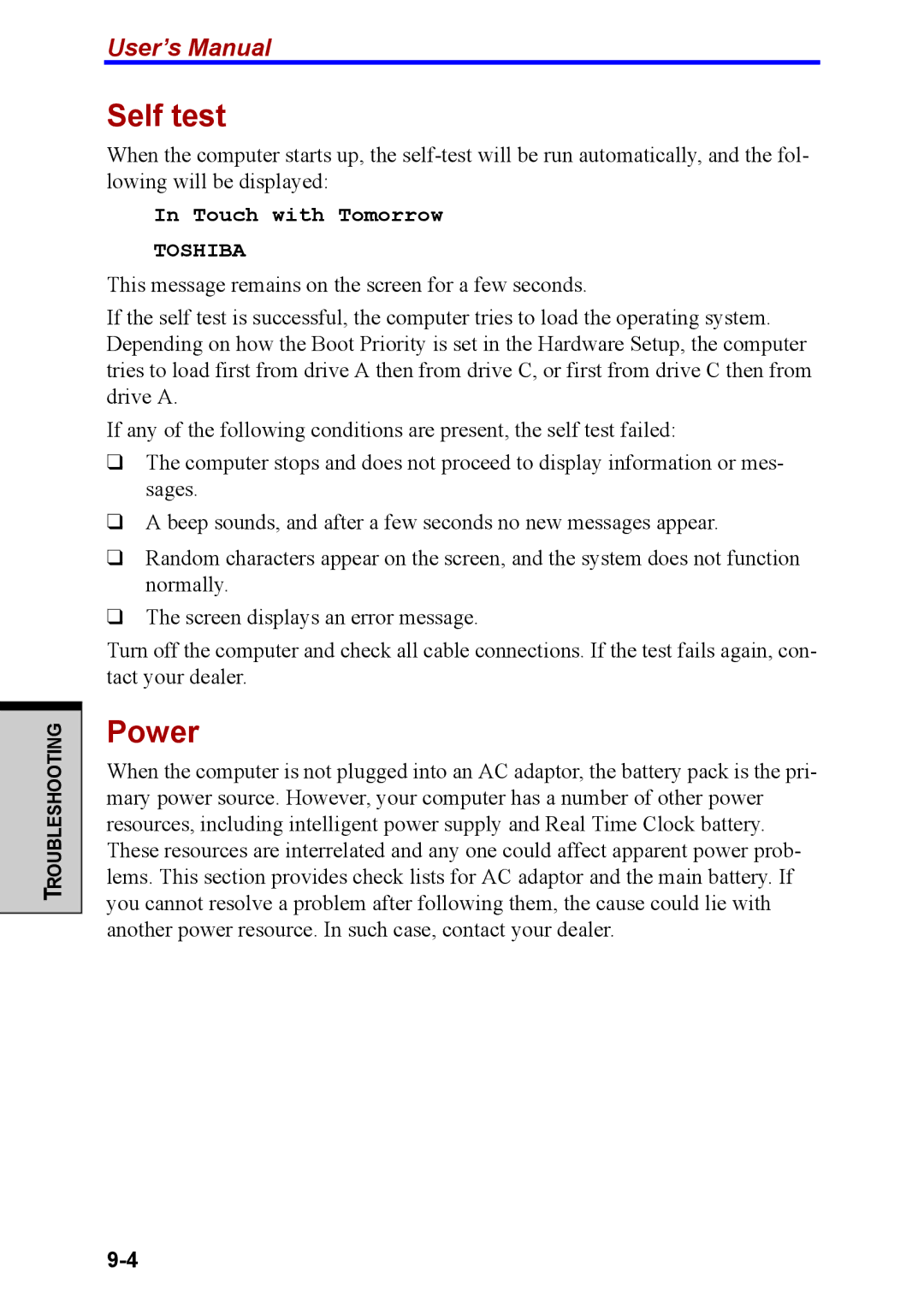 Toshiba M40 user manual Self test, Power 