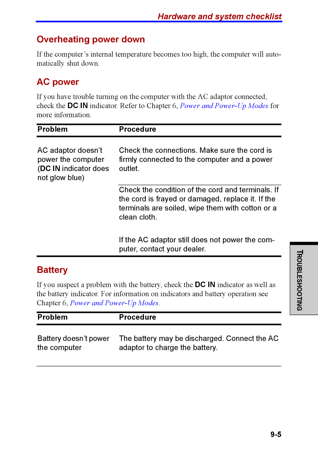 Toshiba M40 user manual Overheating power down, AC power, Battery, ProblemProcedure 