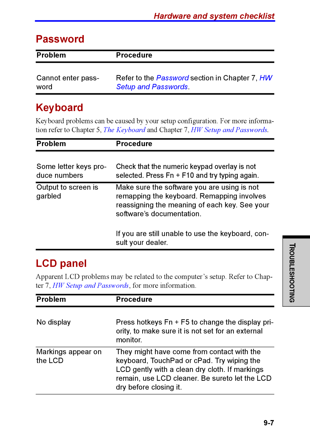 Toshiba M40 user manual Password, LCD panel 