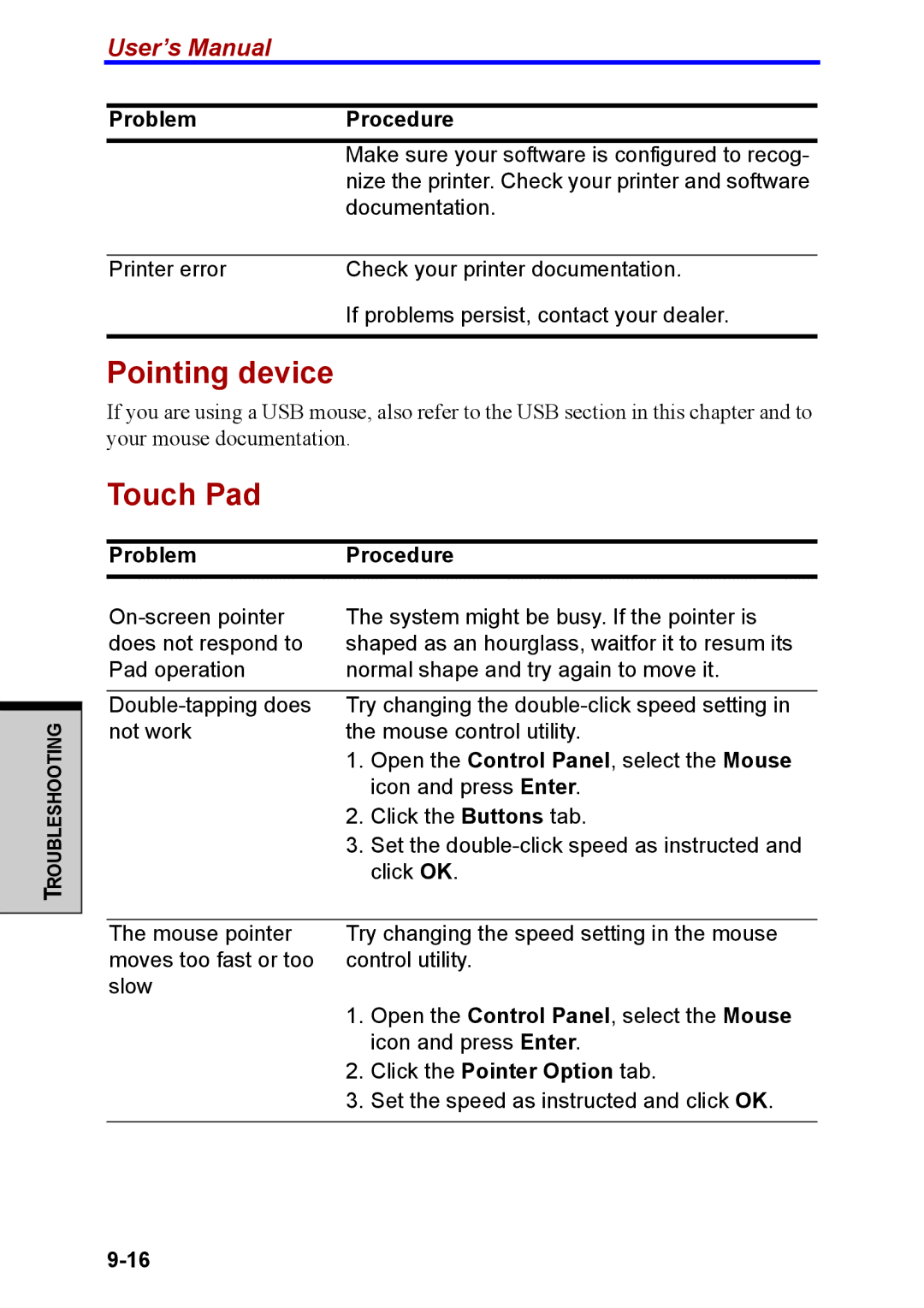 Toshiba M40 user manual Pointing device, Touch Pad, Click the Pointer Option tab 