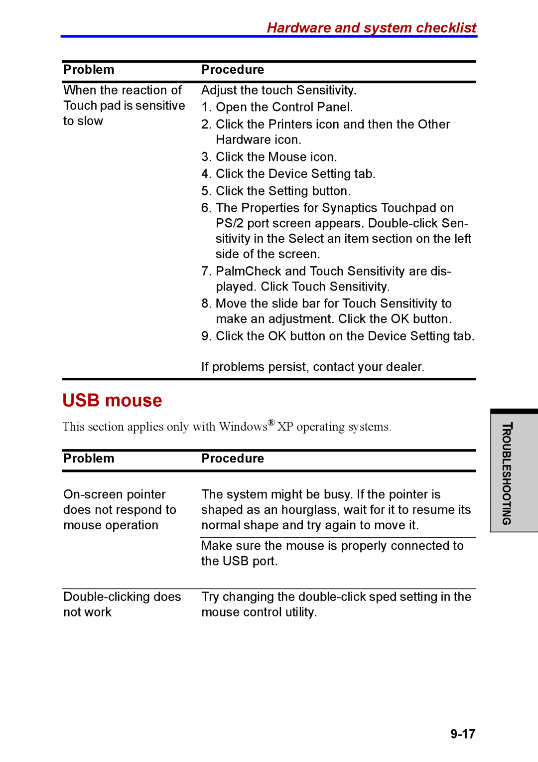 Toshiba M40 user manual USB mouse, ProblemProcedure 