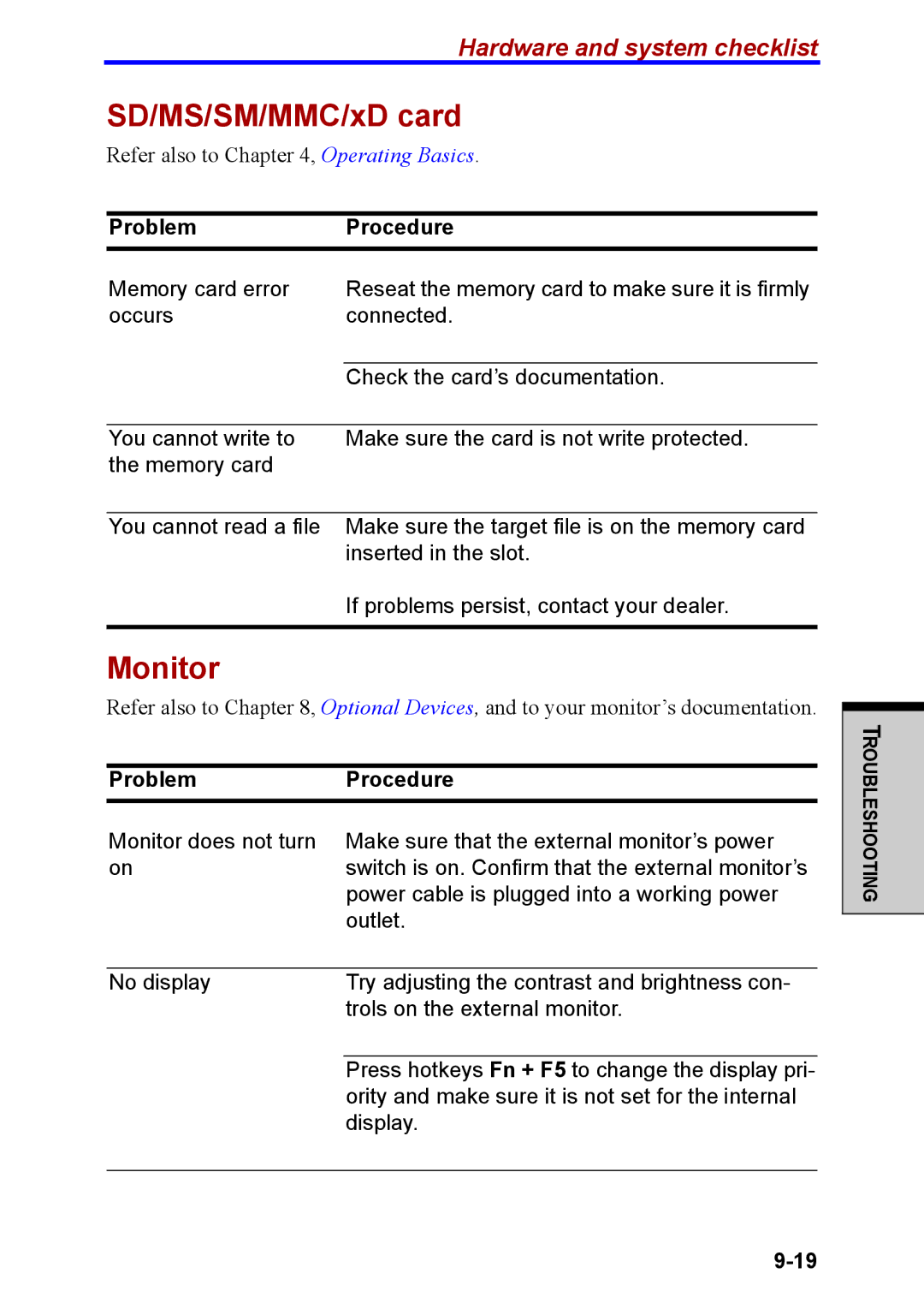 Toshiba M40 user manual SD/MS/SM/MMC/xD card, Monitor 