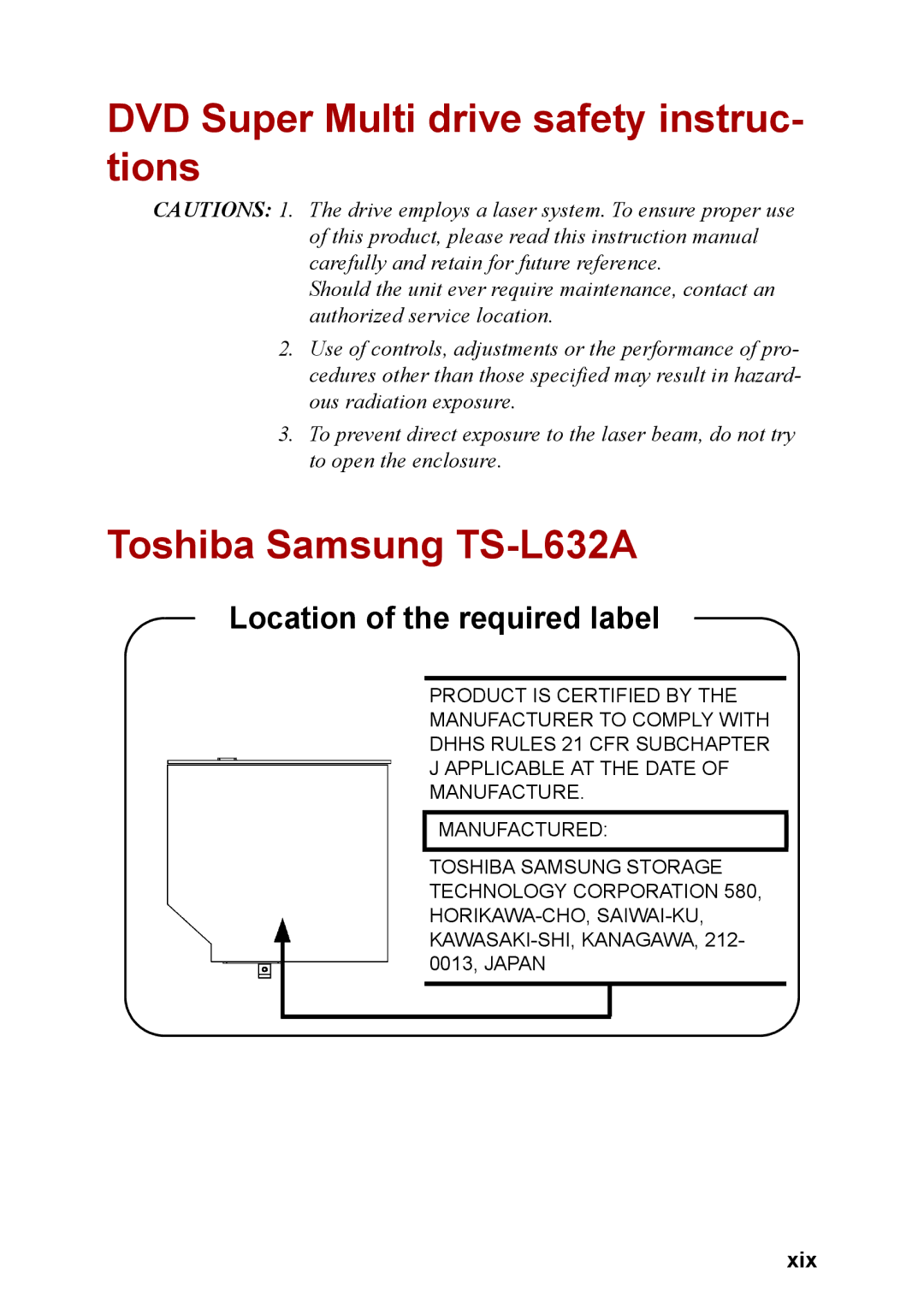 Toshiba M40 user manual DVD Super Multi drive safety instruc- tions, Toshiba Samsung TS-L632A, Xix 