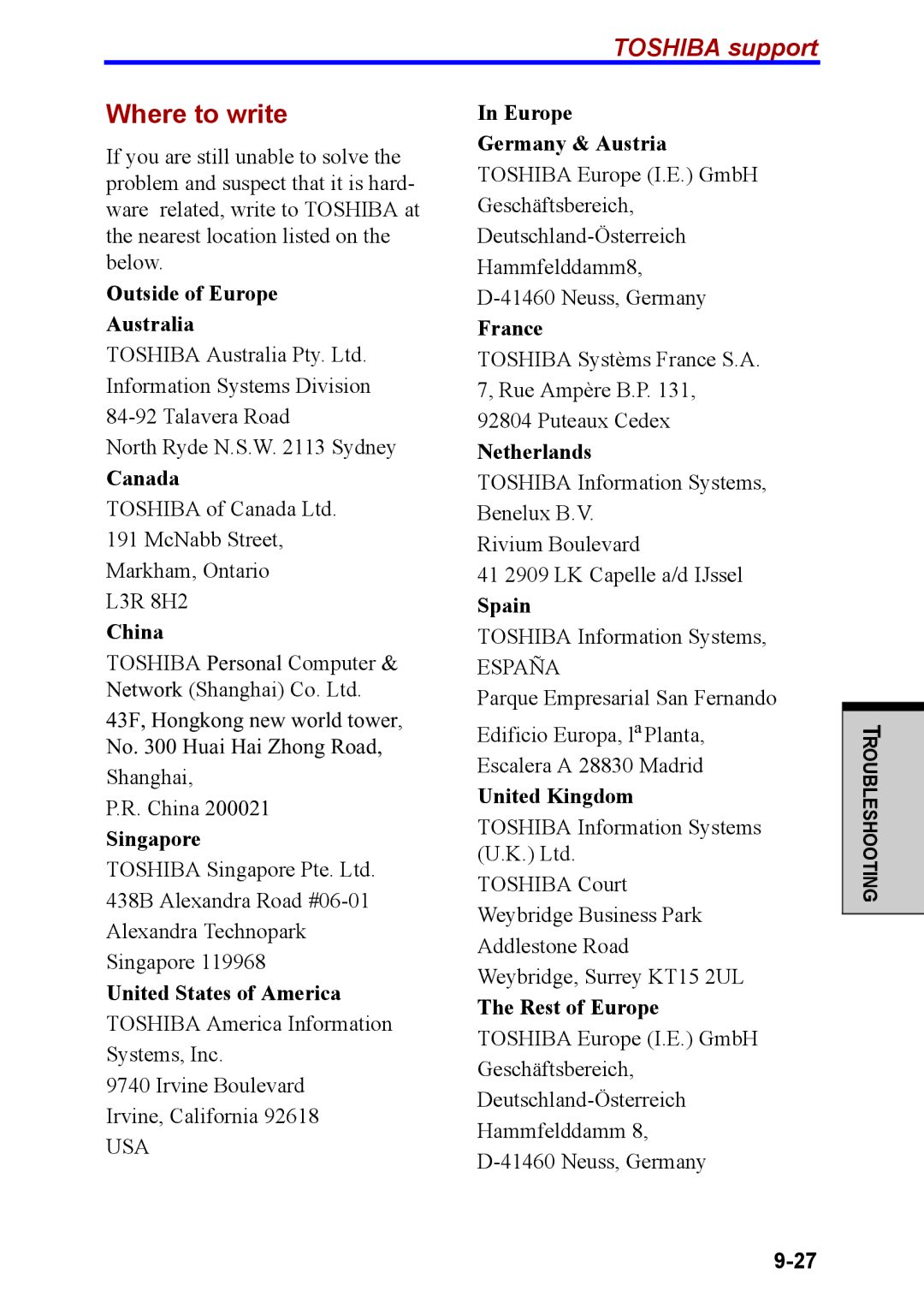 Toshiba M40 user manual Where to write, Toshiba support 