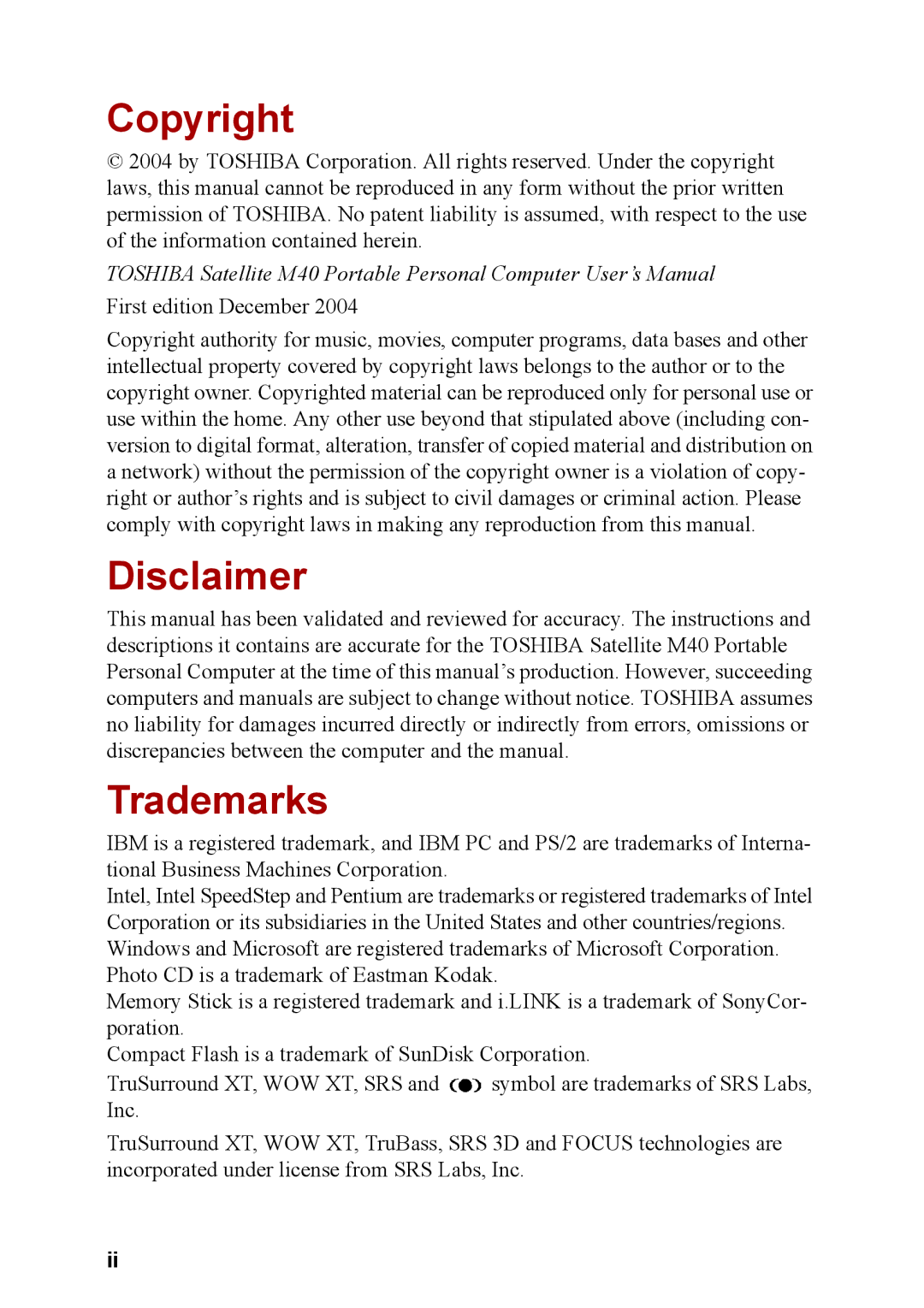 Toshiba M40 user manual Copyright, Disclaimer, Trademarks 