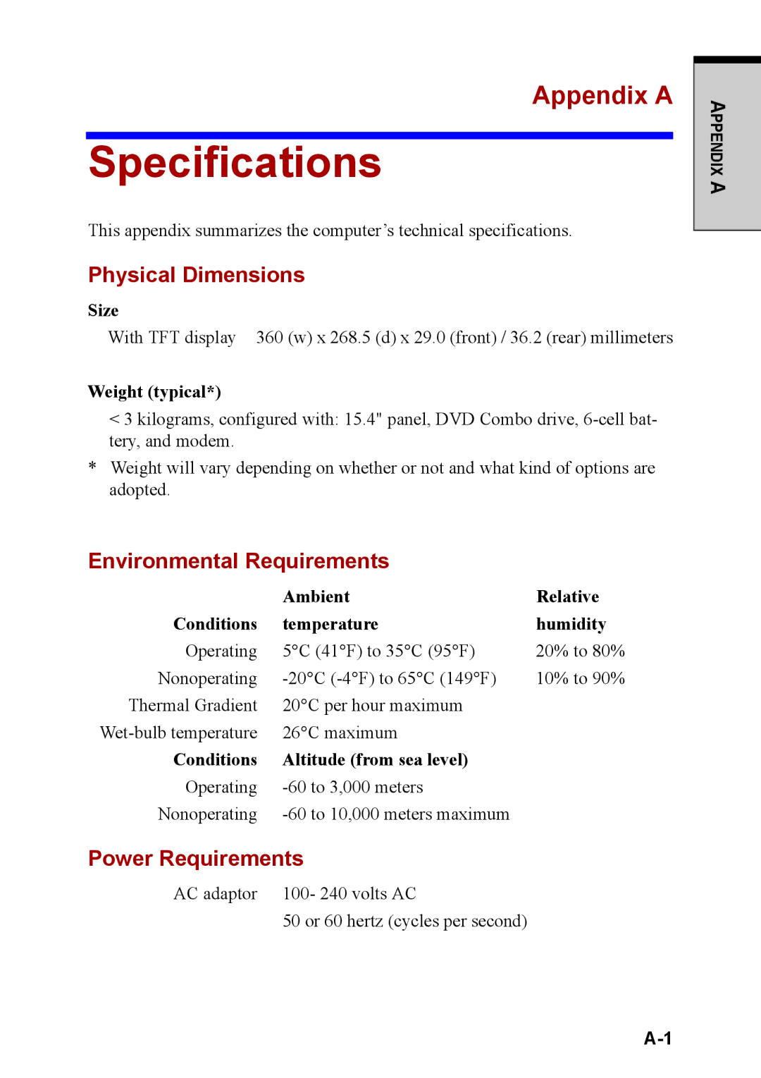 Toshiba M40 user manual Specifications, Appendix a, Physical Dimensions, Environmental Requirements, Power Requirements 