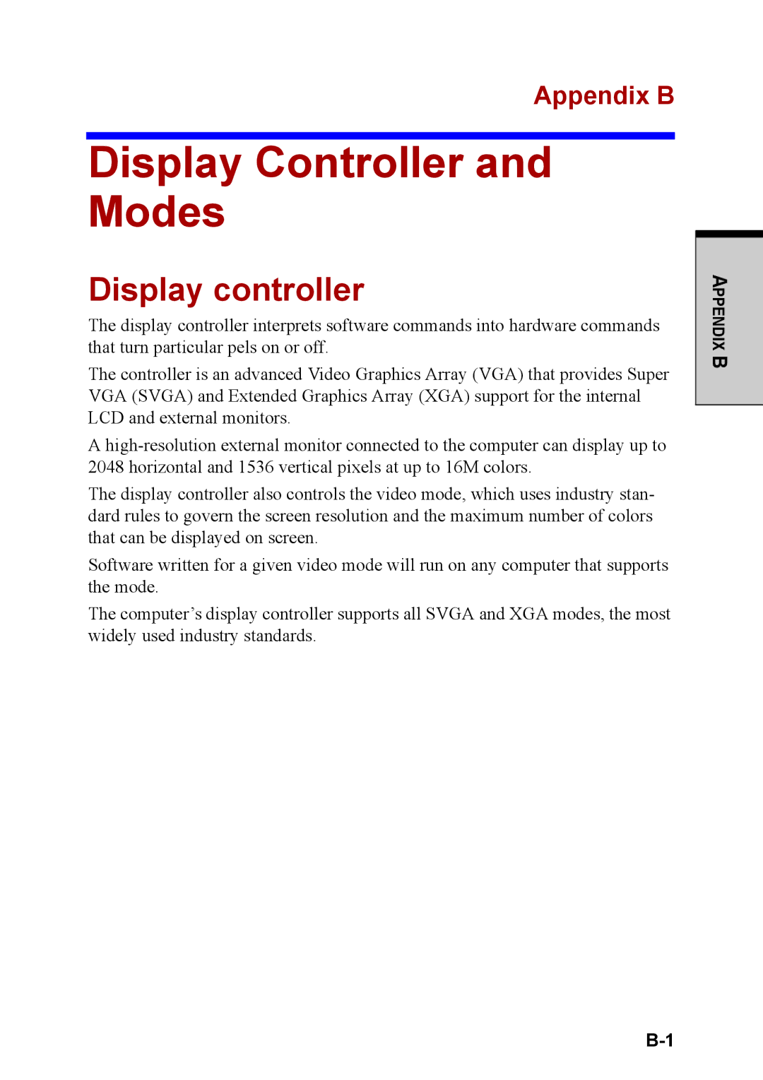 Toshiba M40 user manual Display Controller and Modes, Display controller, Appendix B 