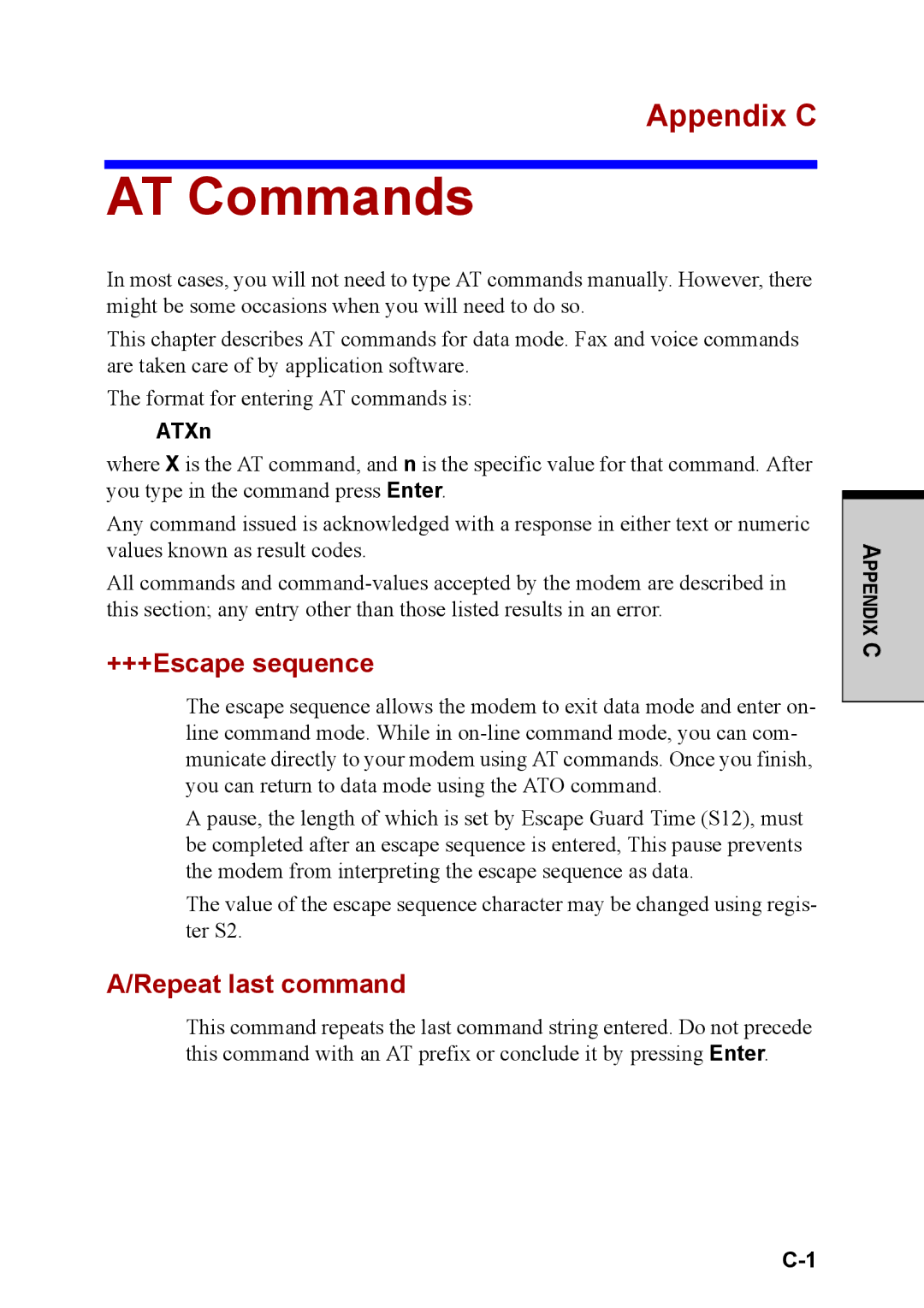 Toshiba M40 user manual AT Commands, Appendix C, +++Escape sequence, Repeat last command, ATXn 