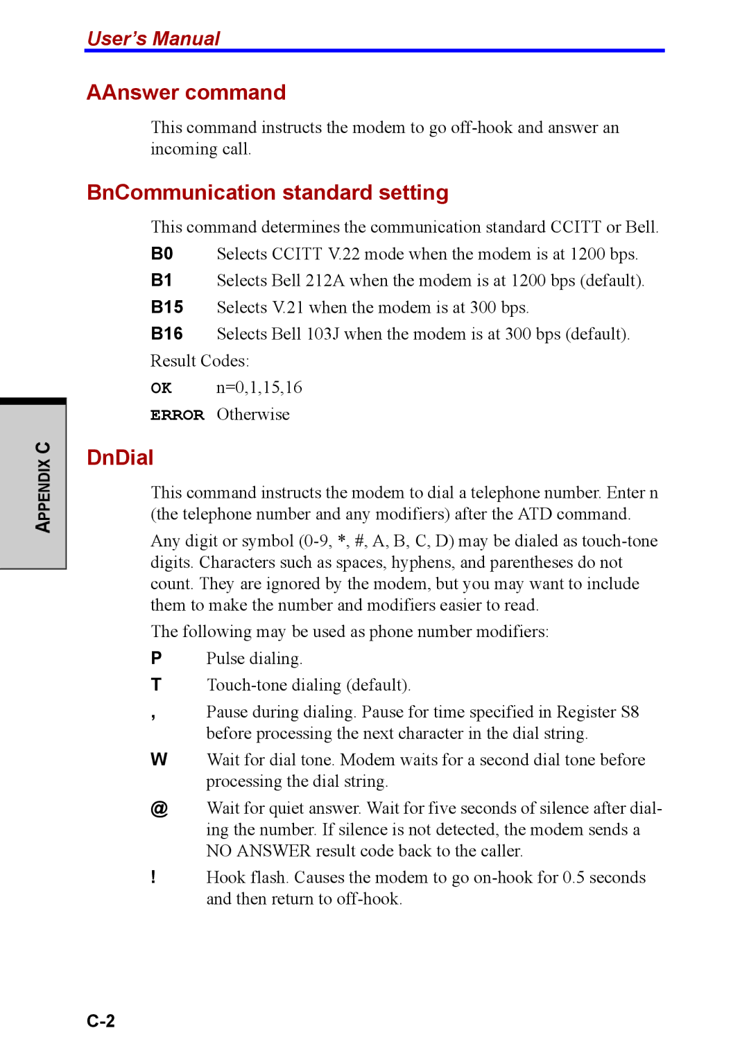 Toshiba M40 user manual AAnswer command, BnCommunication standard setting, DnDial 