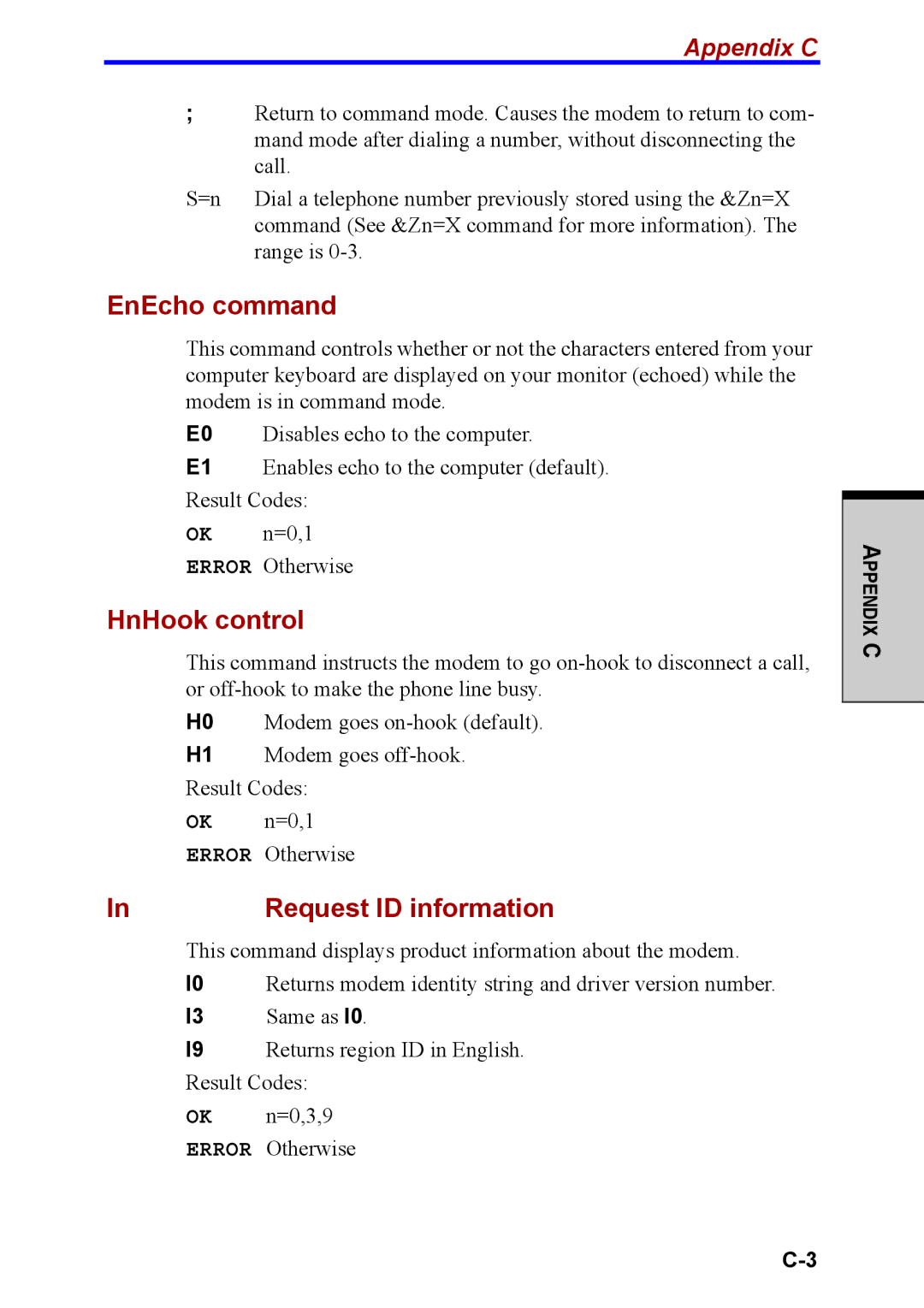 Toshiba M40 user manual EnEcho command, HnHook control, Request ID information, Appendix C 