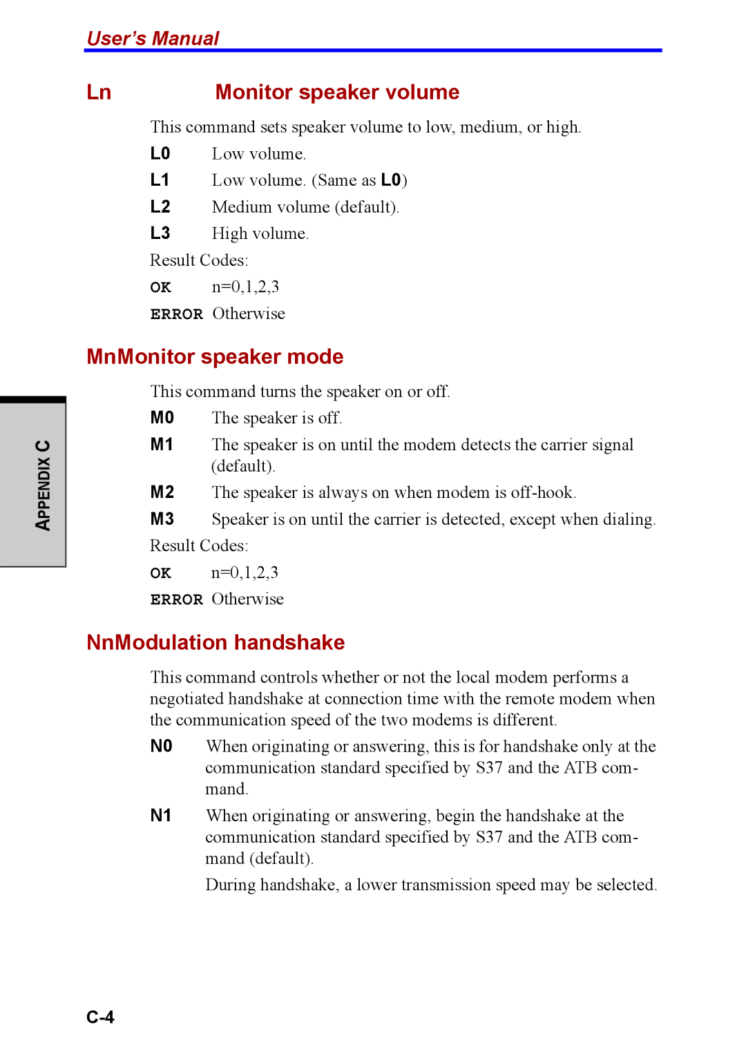 Toshiba M40 user manual Monitor speaker volume, MnMonitor speaker mode, NnModulation handshake 