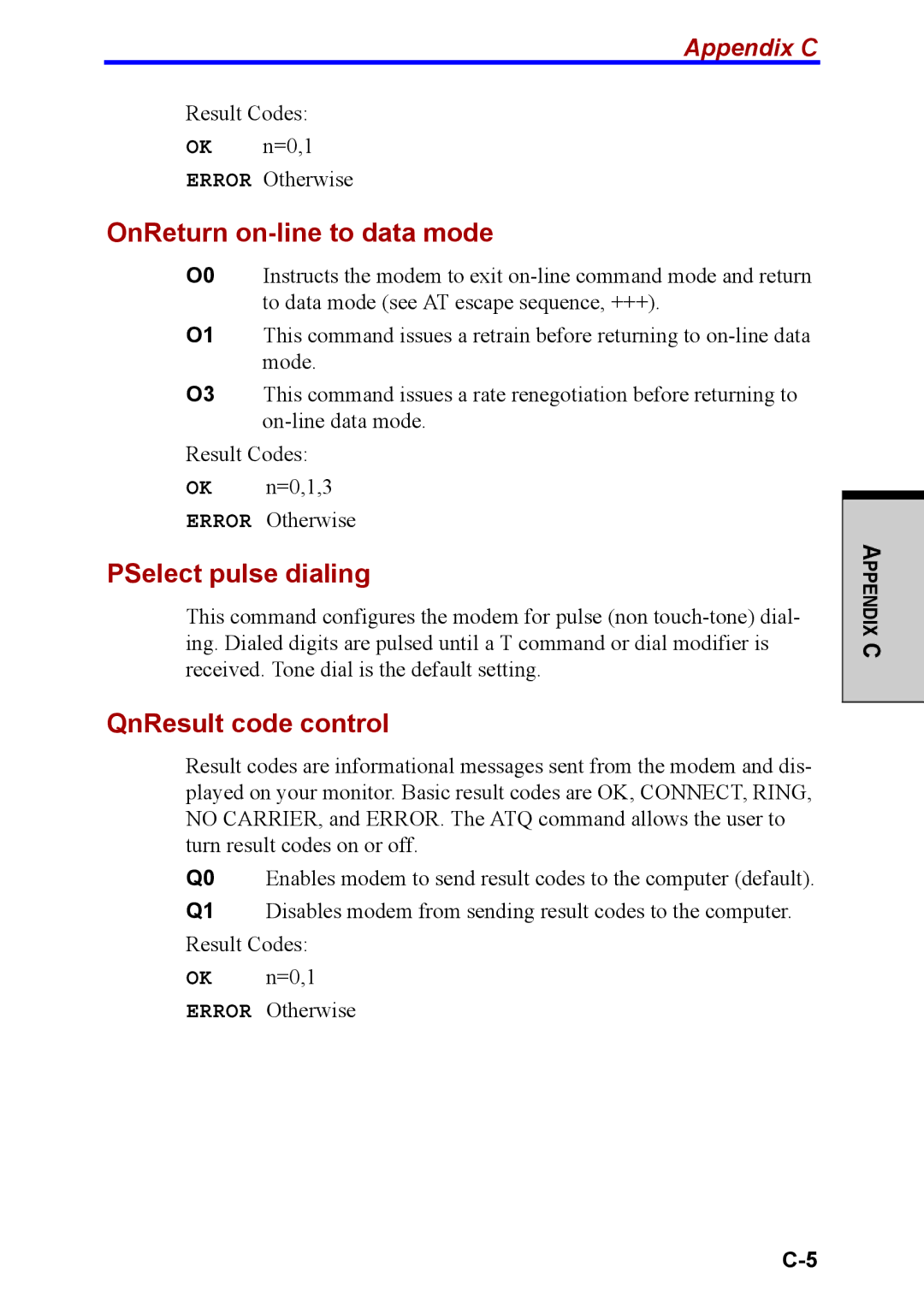 Toshiba M40 user manual OnReturn on-line to data mode, PSelect pulse dialing, QnResult code control 