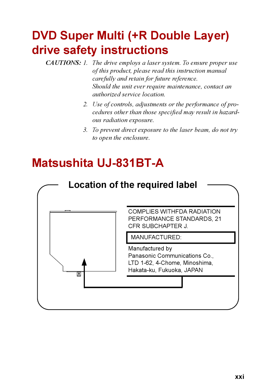 Toshiba M40 user manual DVD Super Multi +R Double Layer drive safety instructions, Matsushita UJ-831BT-A, Xxi 