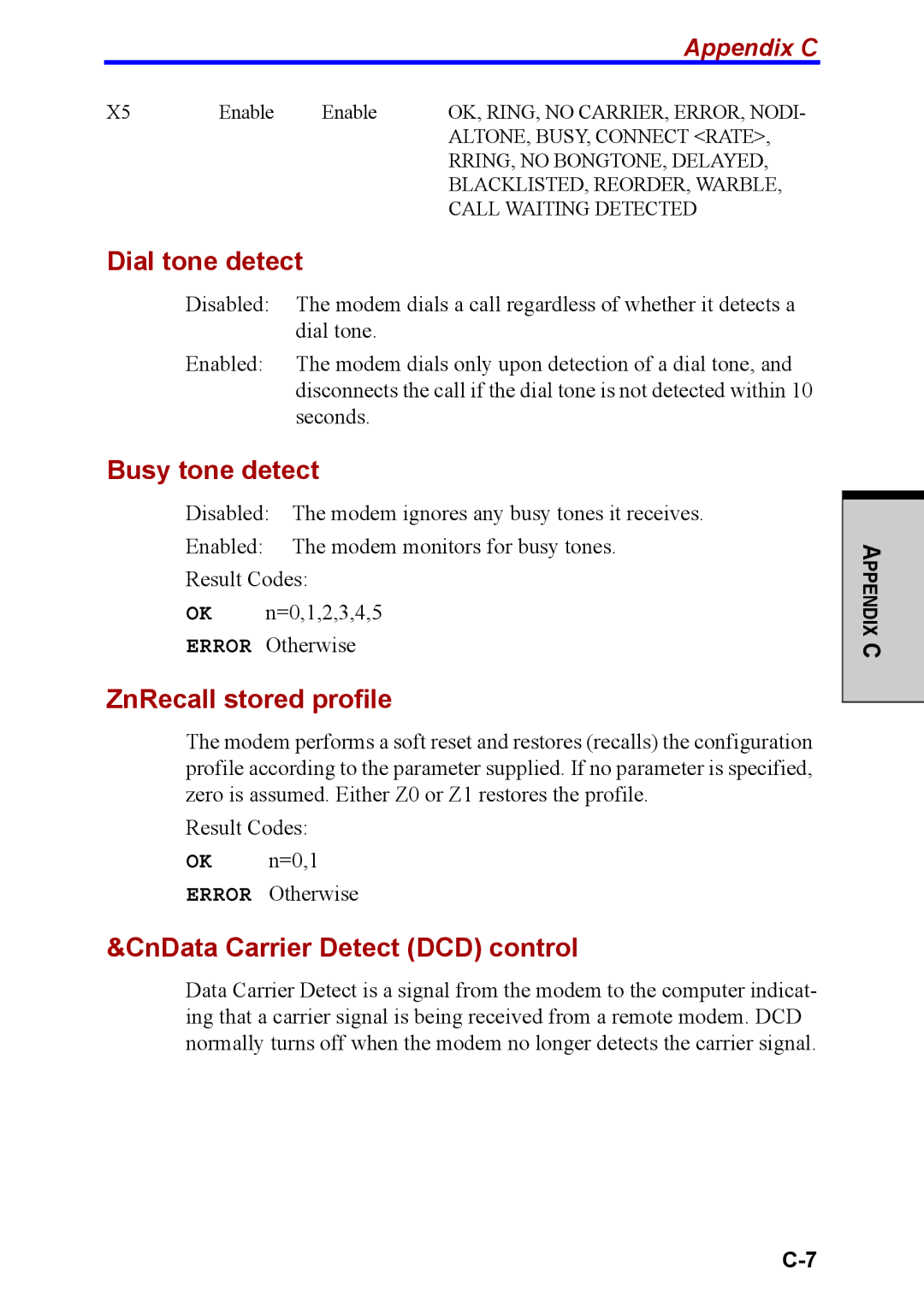 Toshiba M40 user manual Dial tone detect, Busy tone detect, ZnRecall stored profile, CnData Carrier Detect DCD control 