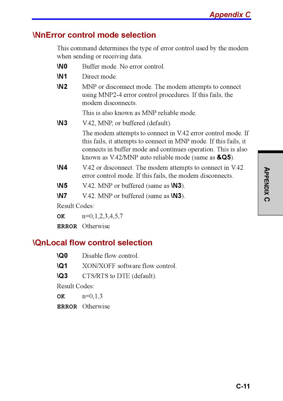 Toshiba M40 user manual NnError control mode selection, QnLocal flow control selection 