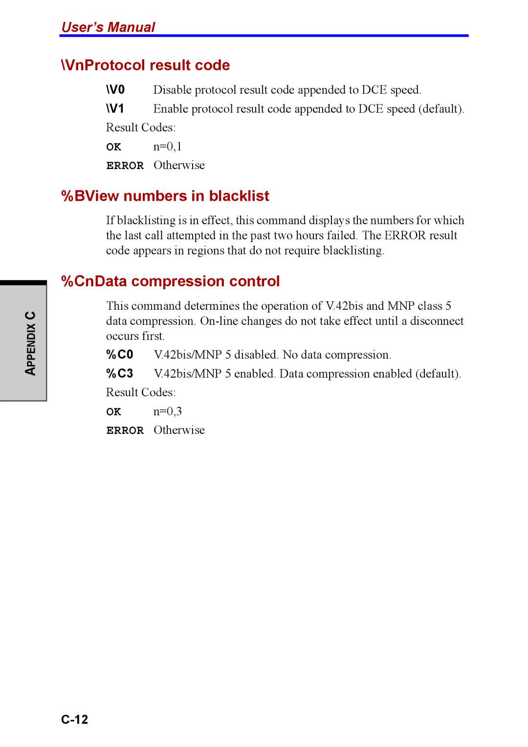 Toshiba M40 user manual VnProtocol result code, BView numbers in blacklist, CnData compression control 