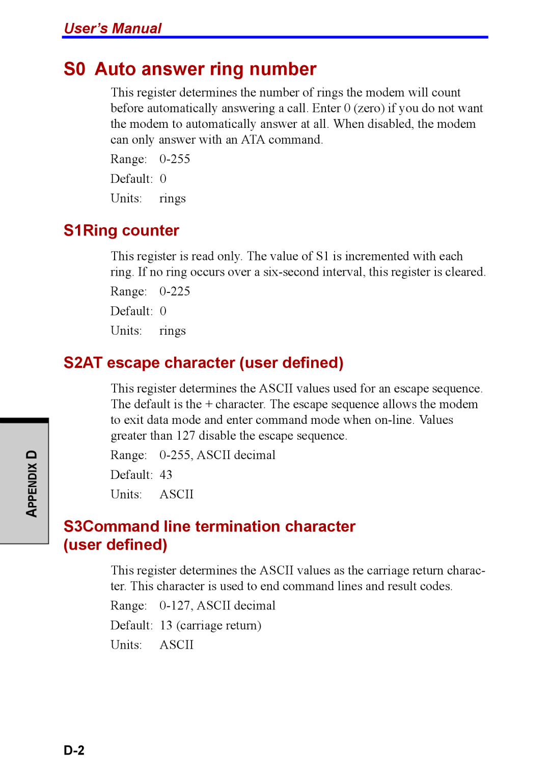 Toshiba M40 user manual S0 Auto answer ring number, S1Ring counter, S2AT escape character user defined 