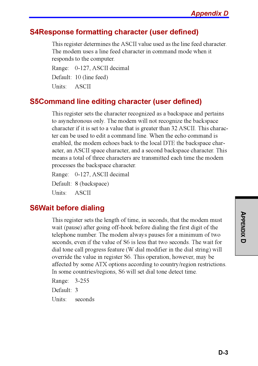 Toshiba M40 S4Response formatting character user defined, S5Command line editing character user defined, Appendix D 