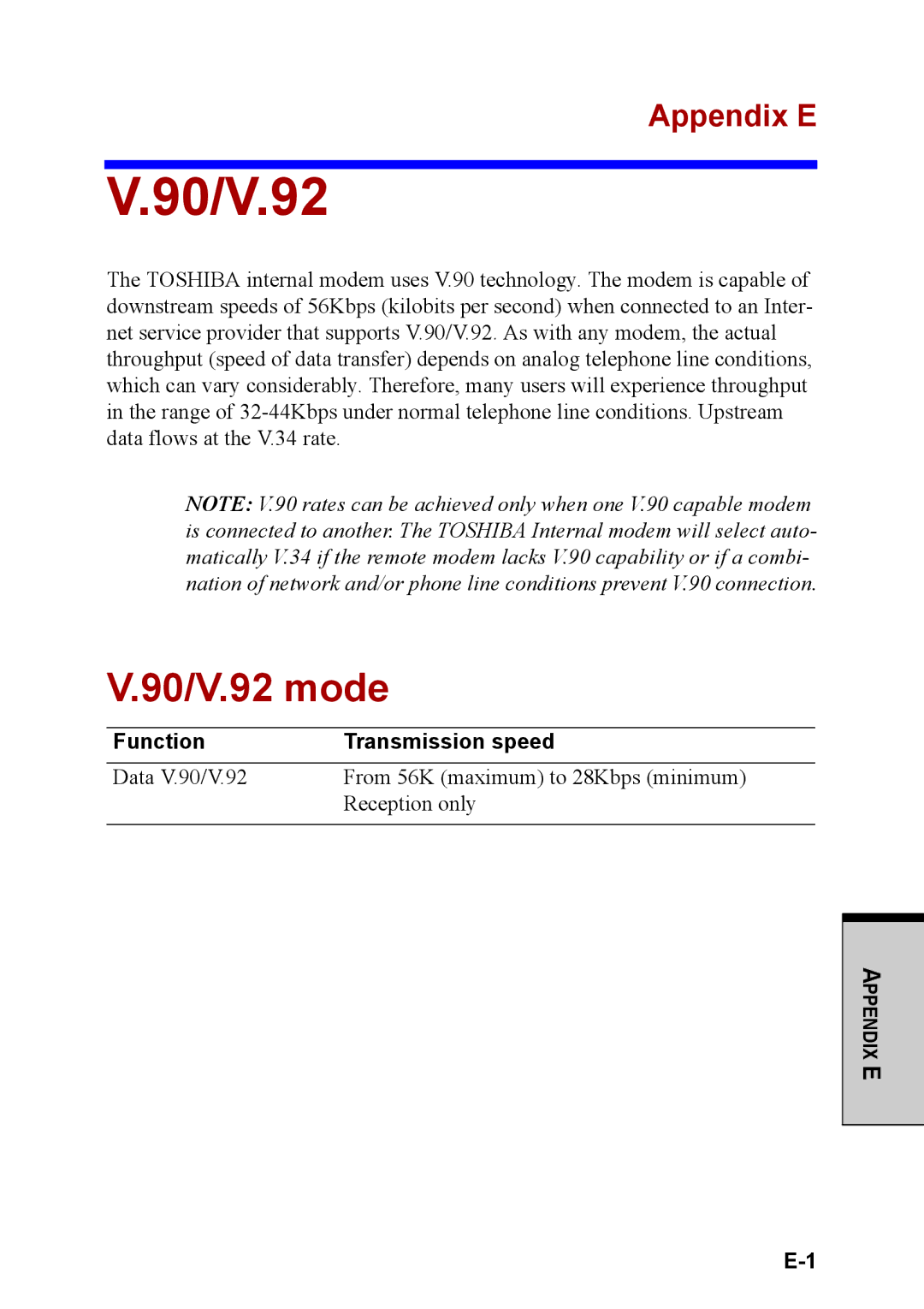 Toshiba M40 user manual 90/V.92 mode, Appendix E, Function Transmission speed 