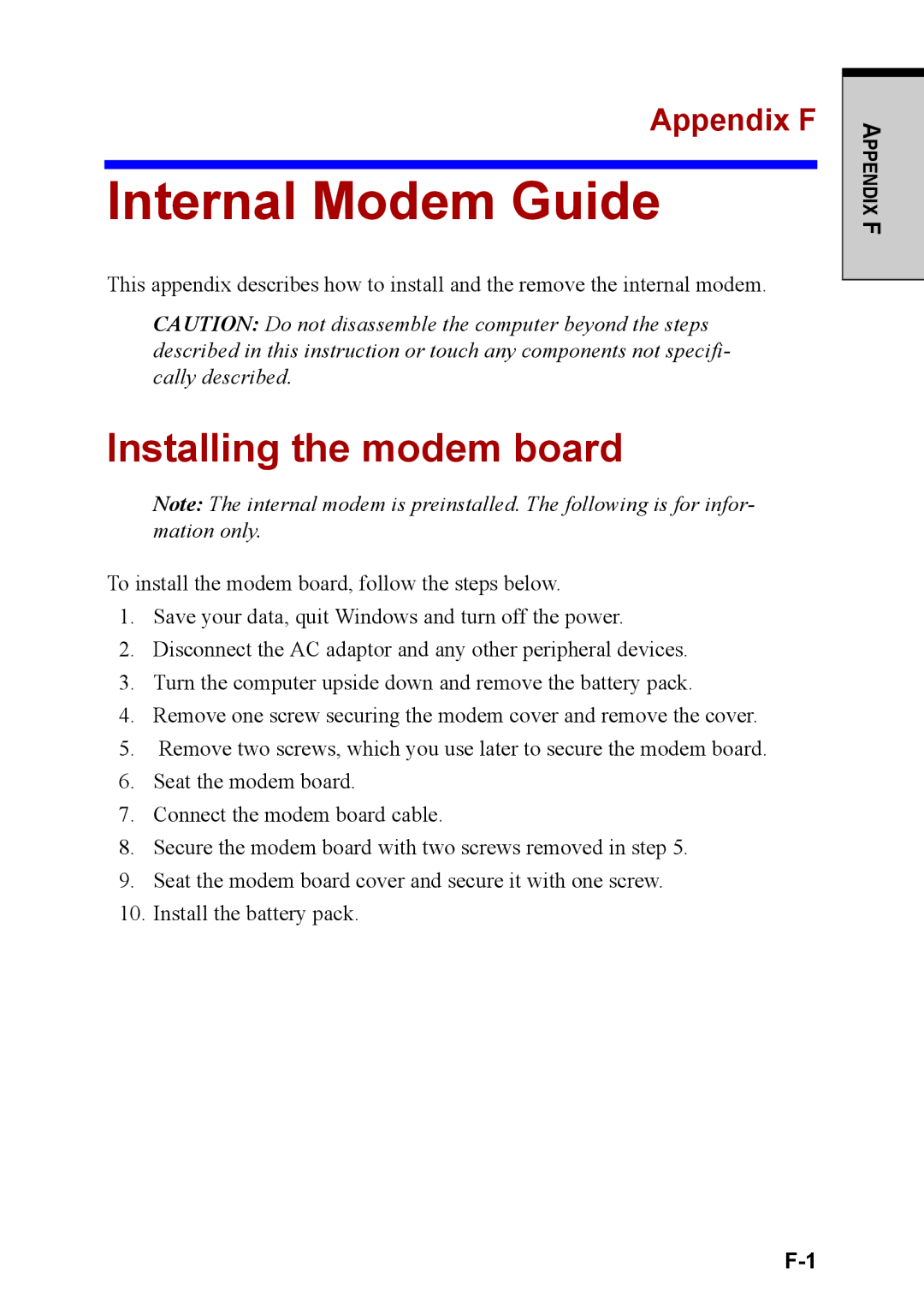 Toshiba M40 user manual Internal Modem Guide, Installing the modem board, Appendix F 