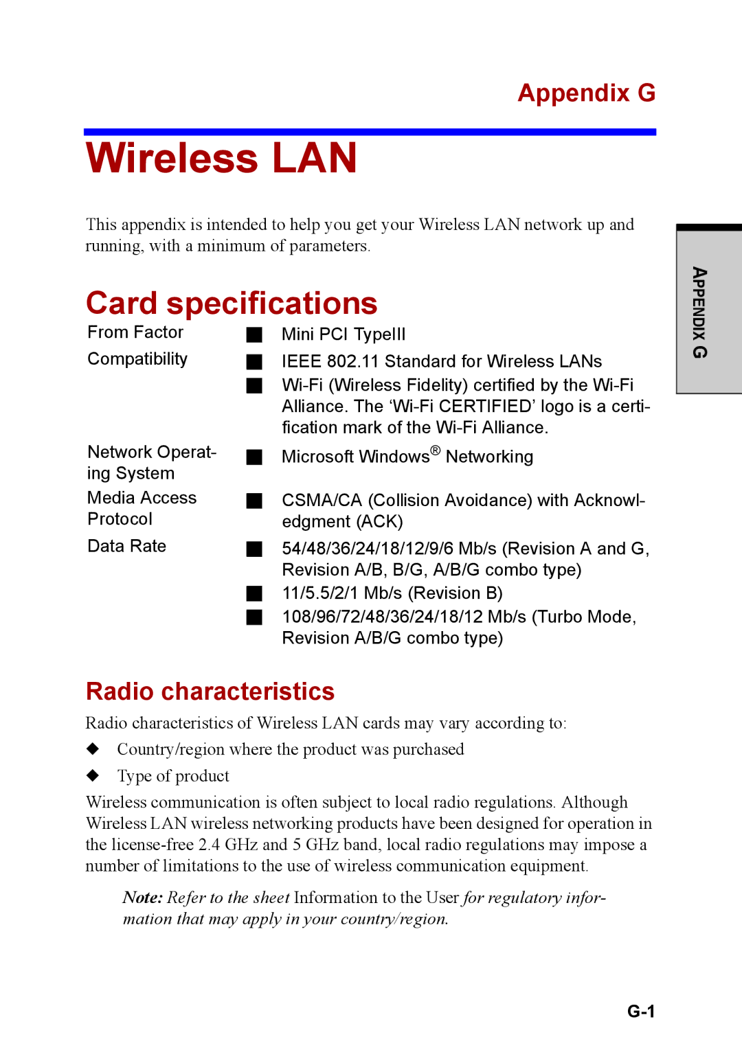 Toshiba M40 user manual Wireless LAN, Card specifications, Appendix G, Radio characteristics 