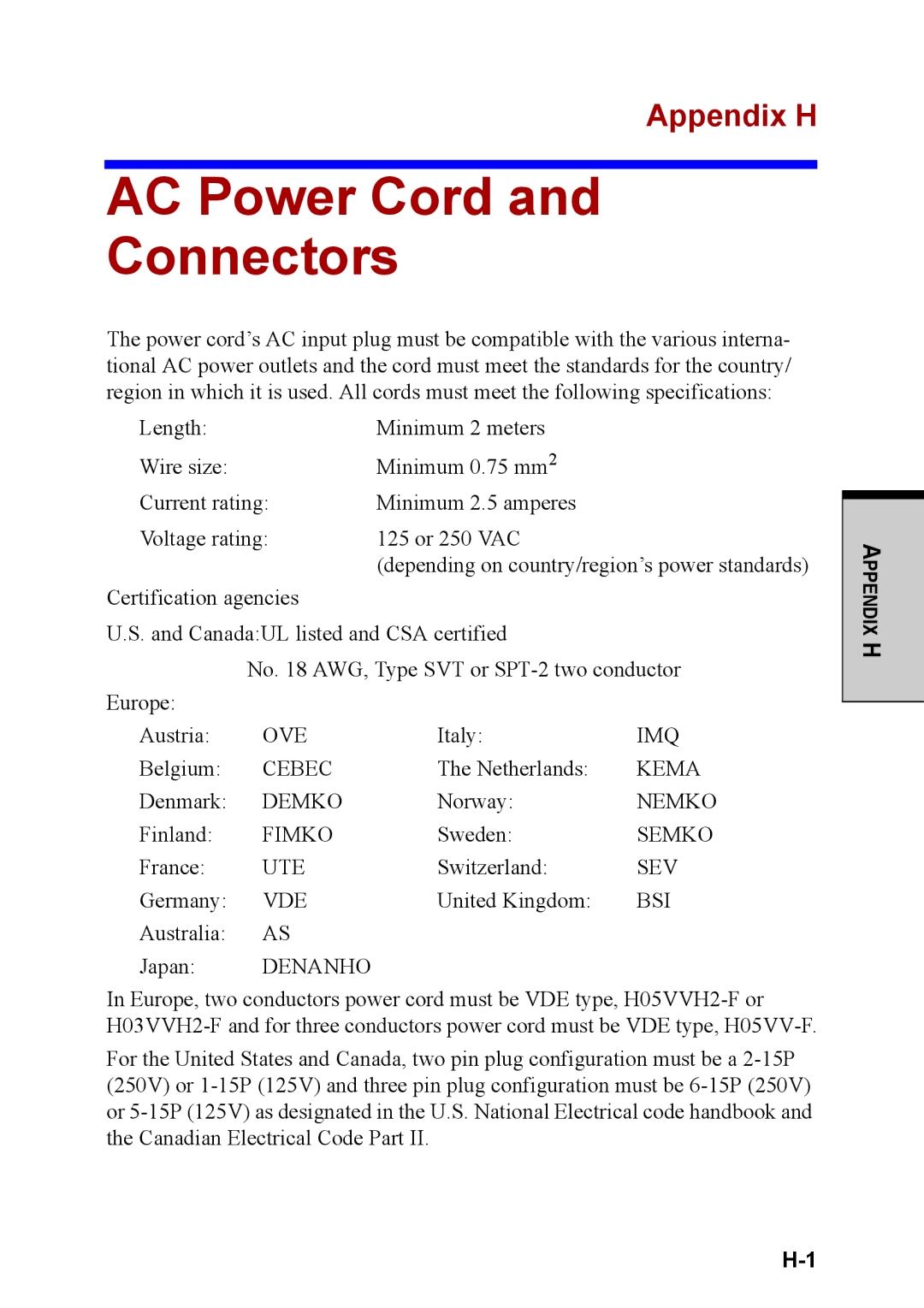 Toshiba M40 user manual AC Power Cord Connectors, Appendix H 