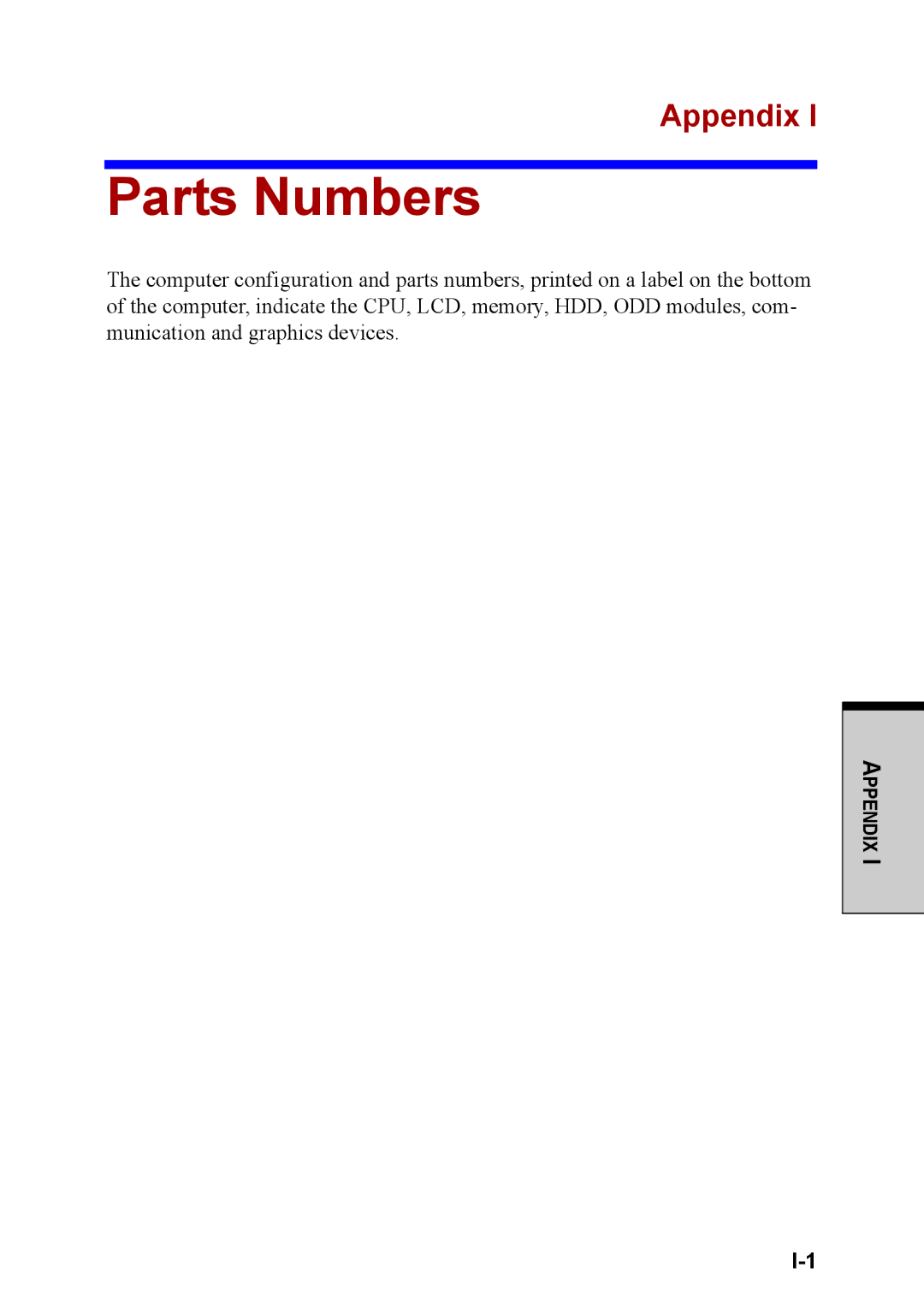 Toshiba M40 user manual Parts Numbers, Appendix 