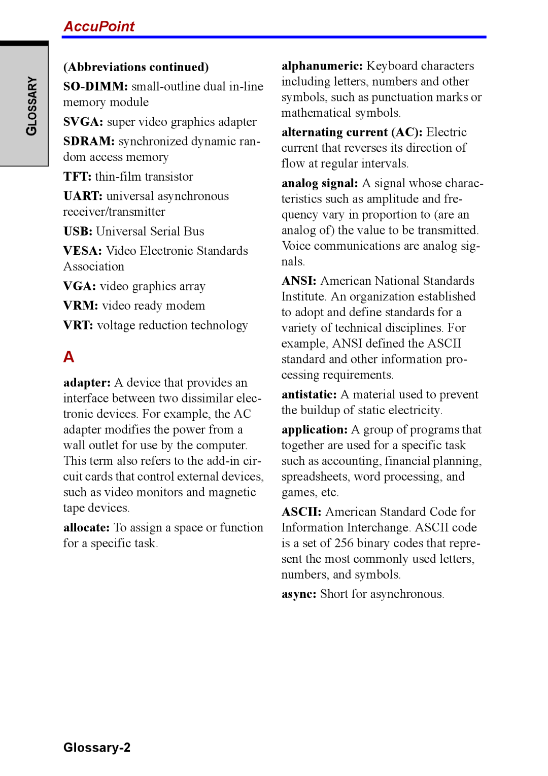 Toshiba M40 user manual AccuPoint, Glossary-2 