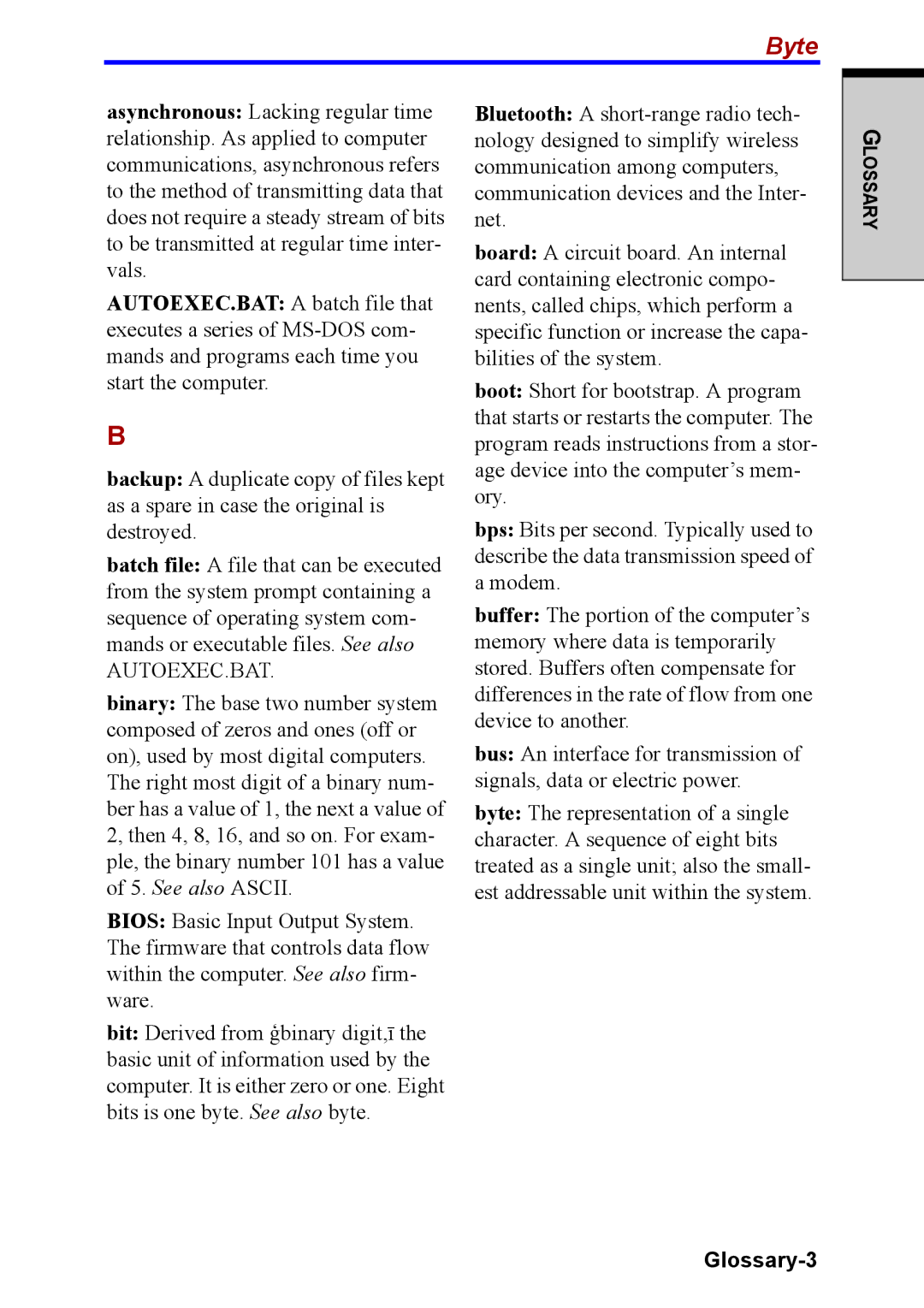 Toshiba M40 user manual Byte, Glossary-3 