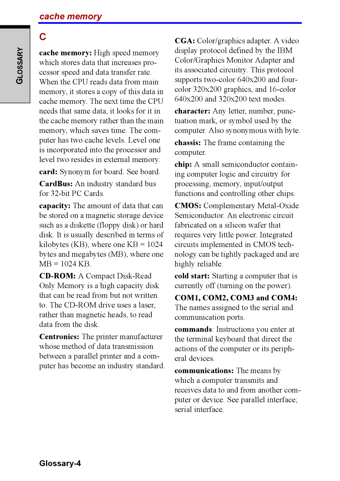 Toshiba M40 user manual Cache memory, Glossary-4 