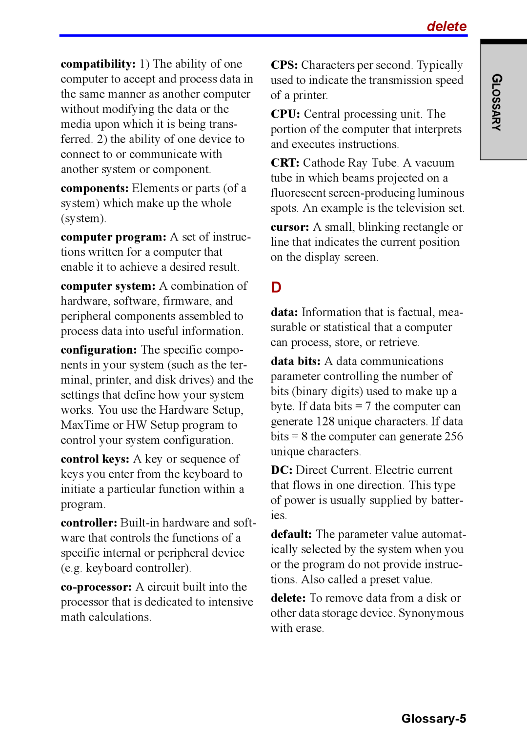 Toshiba M40 user manual Delete, Glossary-5 