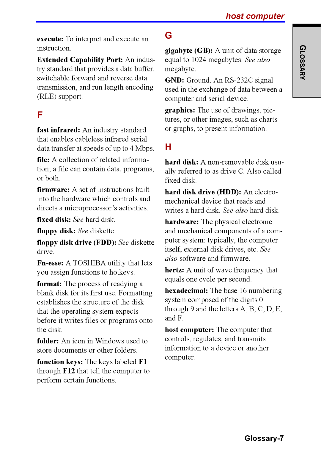 Toshiba M40 user manual Host computer, Glossary-7 