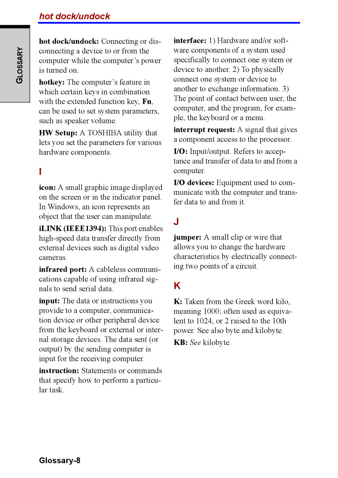 Toshiba M40 user manual Hot dock/undock, Glossary-8 